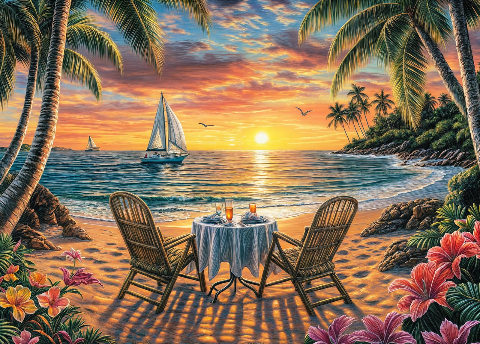 Beach Dinner Jigsaw Puzzles for Adults 1000 Jigsaws Sailboat Palm Trees Flowers 1000 Piece Jigsaw Puzzles for Adults