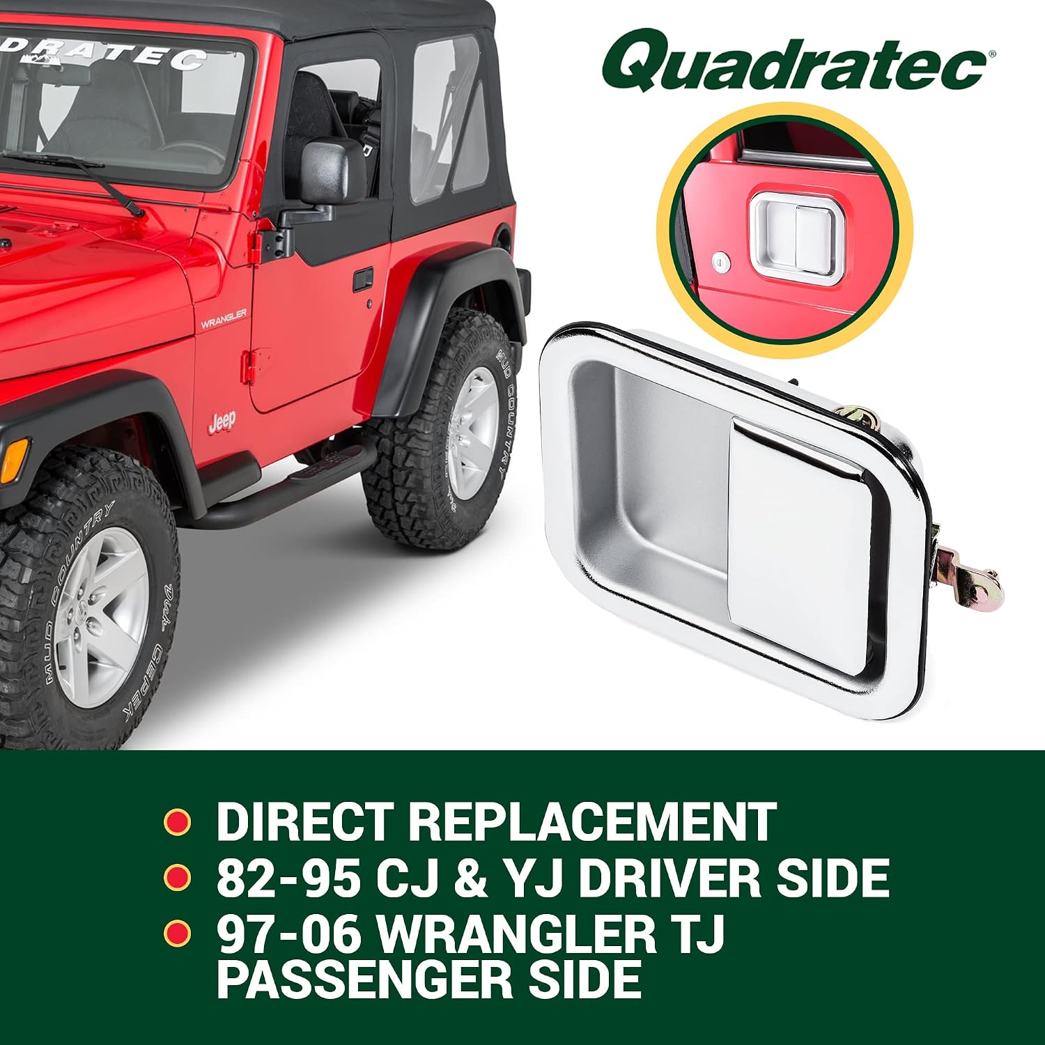 Quadratec Exterior Paddle Door Handle for Full Steel Doors, Chrome - Fits Jeep CJ, Wrangler TJ, YJ, & LJU 1982-2006 - Replaces OE #55028446 & #55176383AE - Plug & Play Design