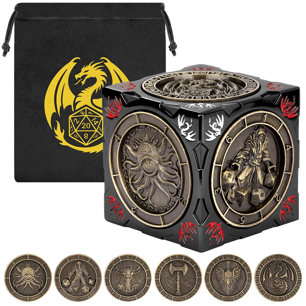 DND Fingertip Spinner Dice, 7-in-1 Metal Dice Set, 3D Relief Design, DND Polyhedral Rotating Game Dice, D&D Gifts with Dragon Logo Gift Bag, RPG, Role Playing Board Game Accessories, Black