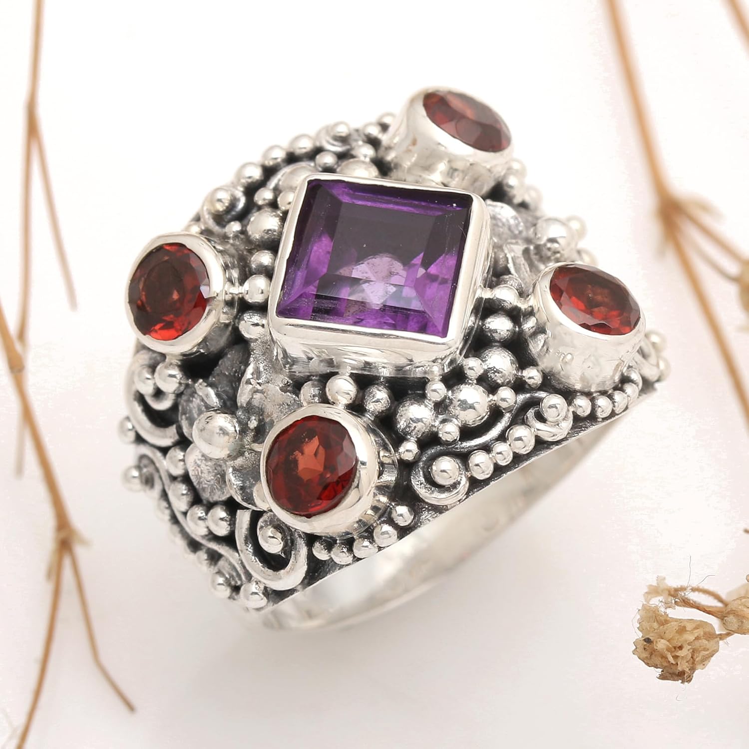 NOVICA Artisan Handmade Amethyst Garnet Cocktail Ring Large Silver with Sterling Purple Red Indonesia Birthstone Balinese Traditional 'Royal Balinese'