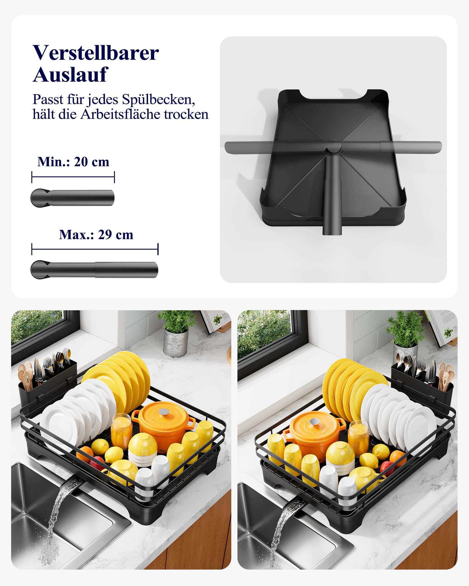 Kitsure Abtropfgestell Geschirr Geschirrgestell für die Küchentheke mit Besteckhalter, rostfreie Aufbewahrungslösung, Abtropfgestell mit drehbarem Halter, 46,5 cm x 30,5 cm x 14,0 cm, Schwarz