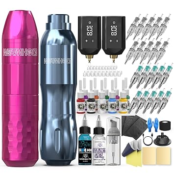 Wormhole Wireless Tattoo Gun Kit - Complete Tattoo Kit with 2 Tattoo Machines, 2 Rechargeable Batteries, 20 Tattoo Needles & 10 Tattoo Ink Color Set - All-in-One Tattoo Pen Kit for Artists WTK448