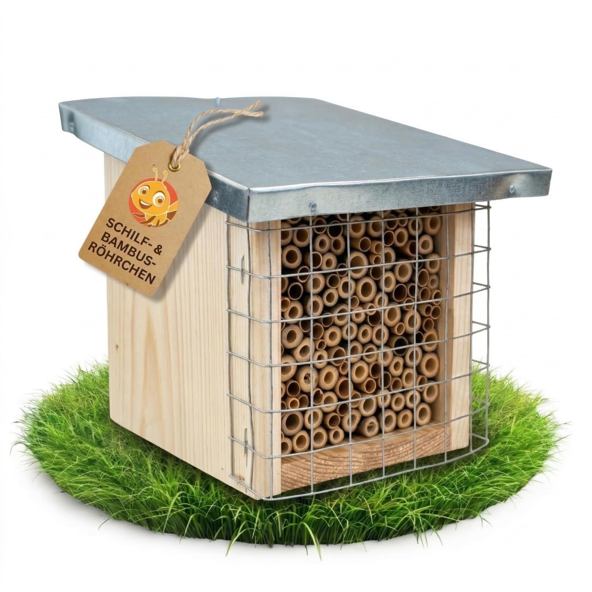BEESI Bienenhotel mit Metalldach & Schutzgitter - Insektenhaus für Solitärbienen aus Bambus & Schilf (4-8mm)