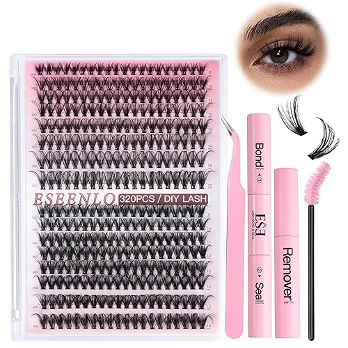 Miniatura 1 de ESEENLO Kit de extensión de pestañas para bricolaje 30D+40D-D-0.35-0.630 pulgadas, 320 racimos de pestañas postizas con enlace de pestañas, sello y