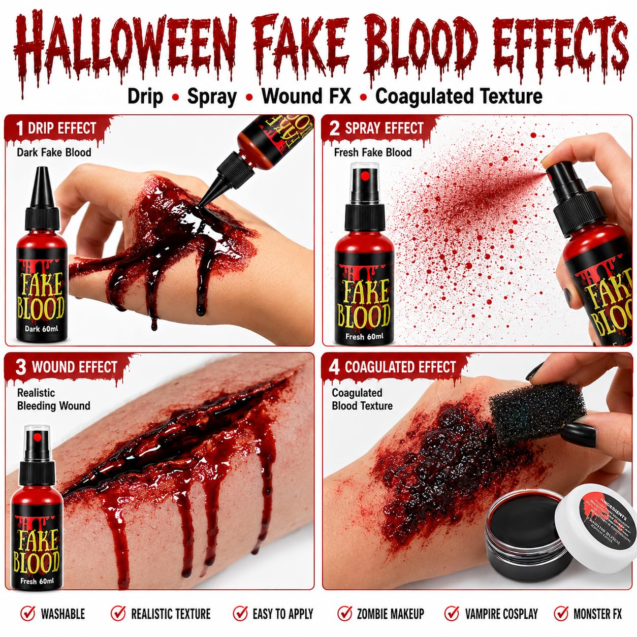 Halloween Fake Blood SFX Makeup Kit,12 PCS Horror Fangs+2.1oz Fake Blood Spray+2.1oz Dripping Blood+1.05oz Coagulated Gel Blood,Realistic Effects Washable,for Clothes,Zombie Vampire Monster