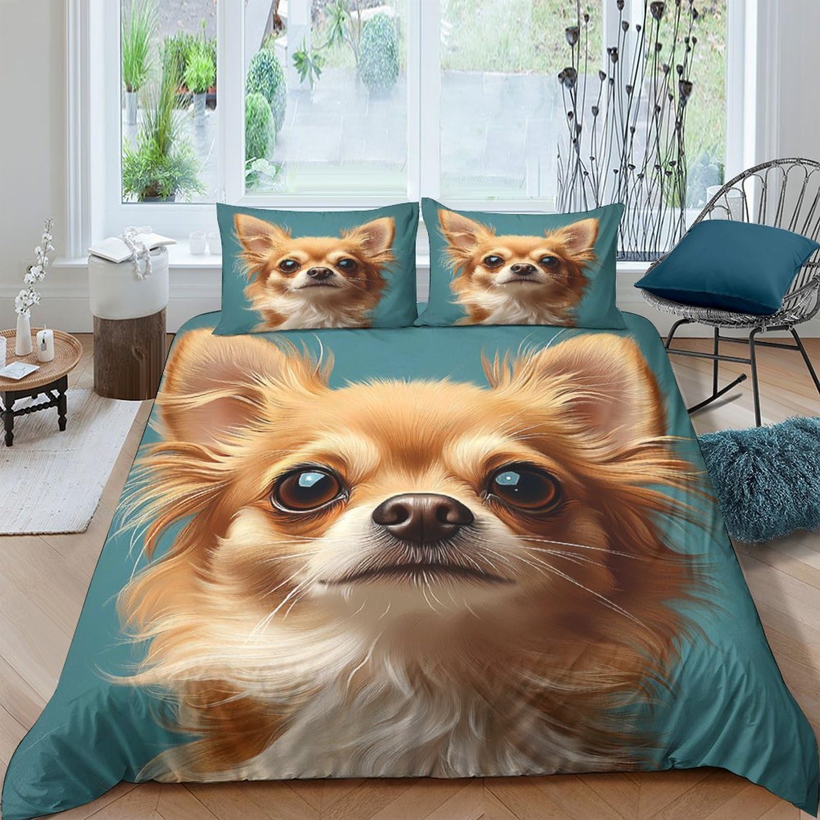 Ctjqhvkz Style-4 3D Printed Chihuahua Dog Fitted Sheet Microfiber Soft Teal Bed Cover Bedroom Decor Anti-Slip Machine Washable Single（135X200cm）
