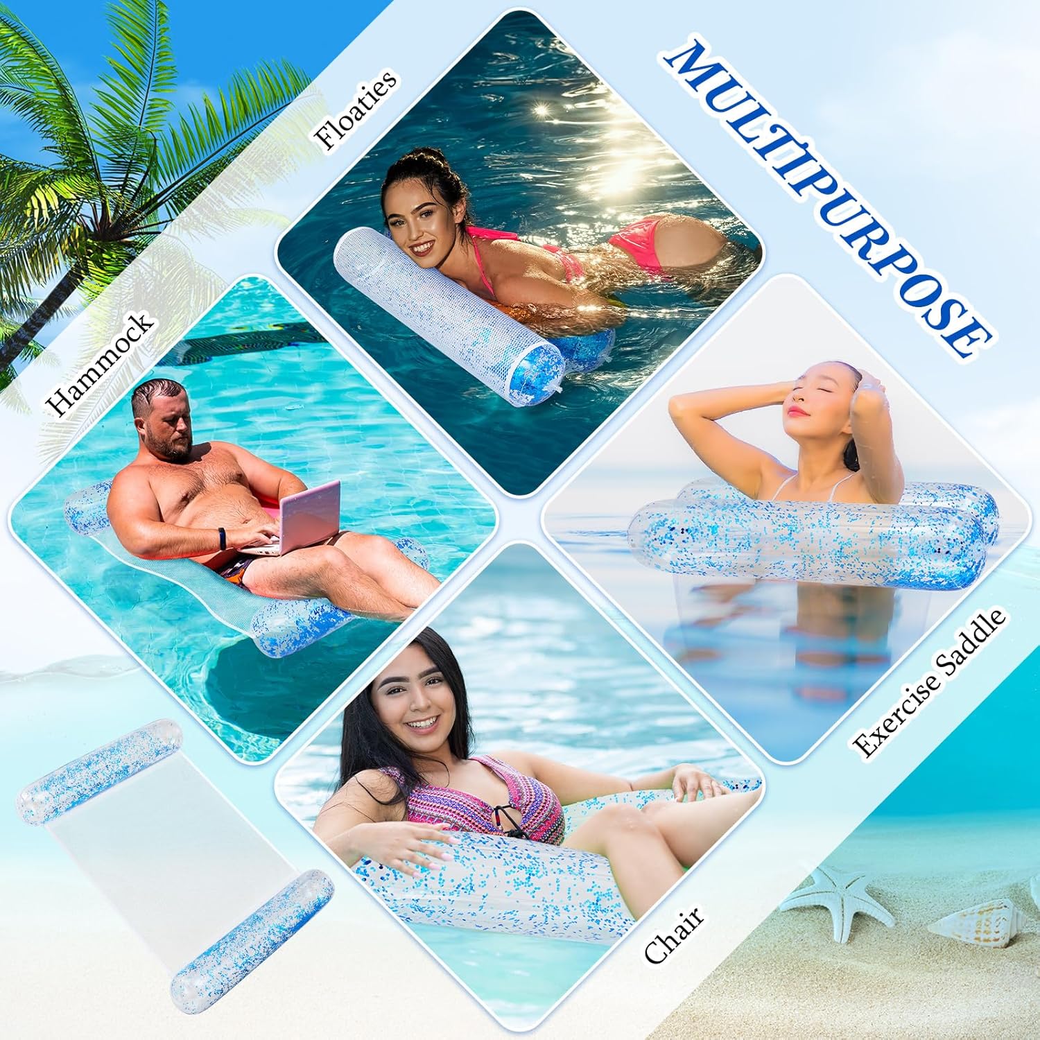 Sratte Pool Float Hammock Inflatable Water Glitter 4-in-1 Multi-Purpose Inflatable Swimming Pool Floats Adults PVC Water Hammock Lounge Floaties for Party
