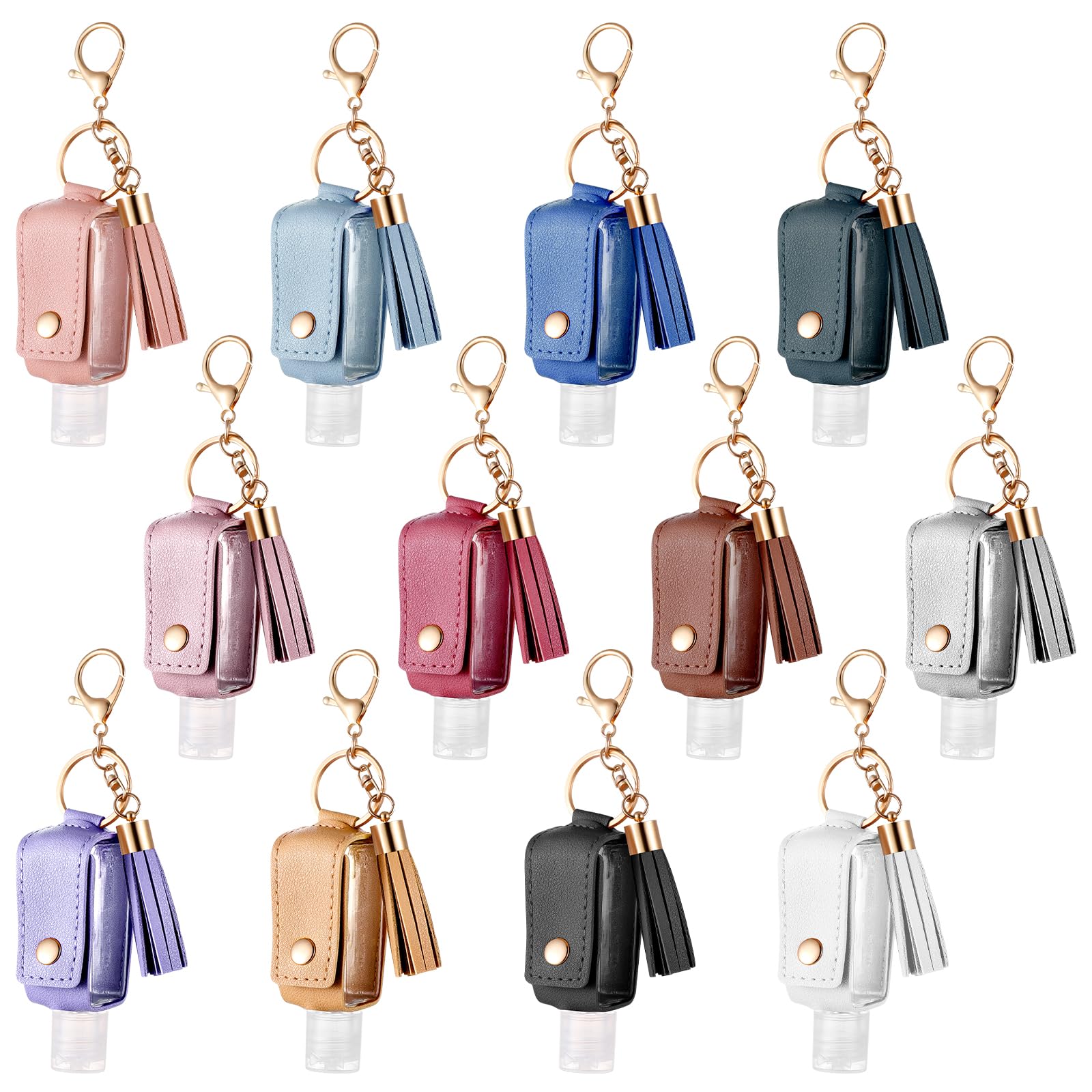 PEOVLVN 12Pcs Hand Sanitizer Keychain, 30ml Portable Leather Hand Sanitizer Holder Travel Size Keychain Refillable Bottle for Toiletry Lotion Liquid