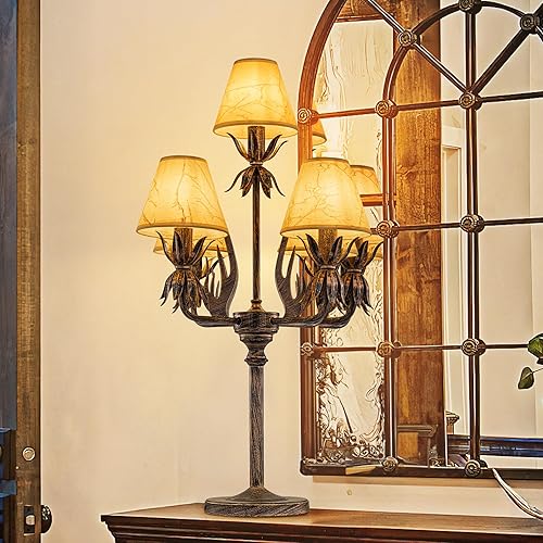 Wellmet Lámpara de mesa vintage de bronce, lámpara de mesa francesa de granja, 5 luces, luz de mesa rústica, para sala de estar, dormitorio,