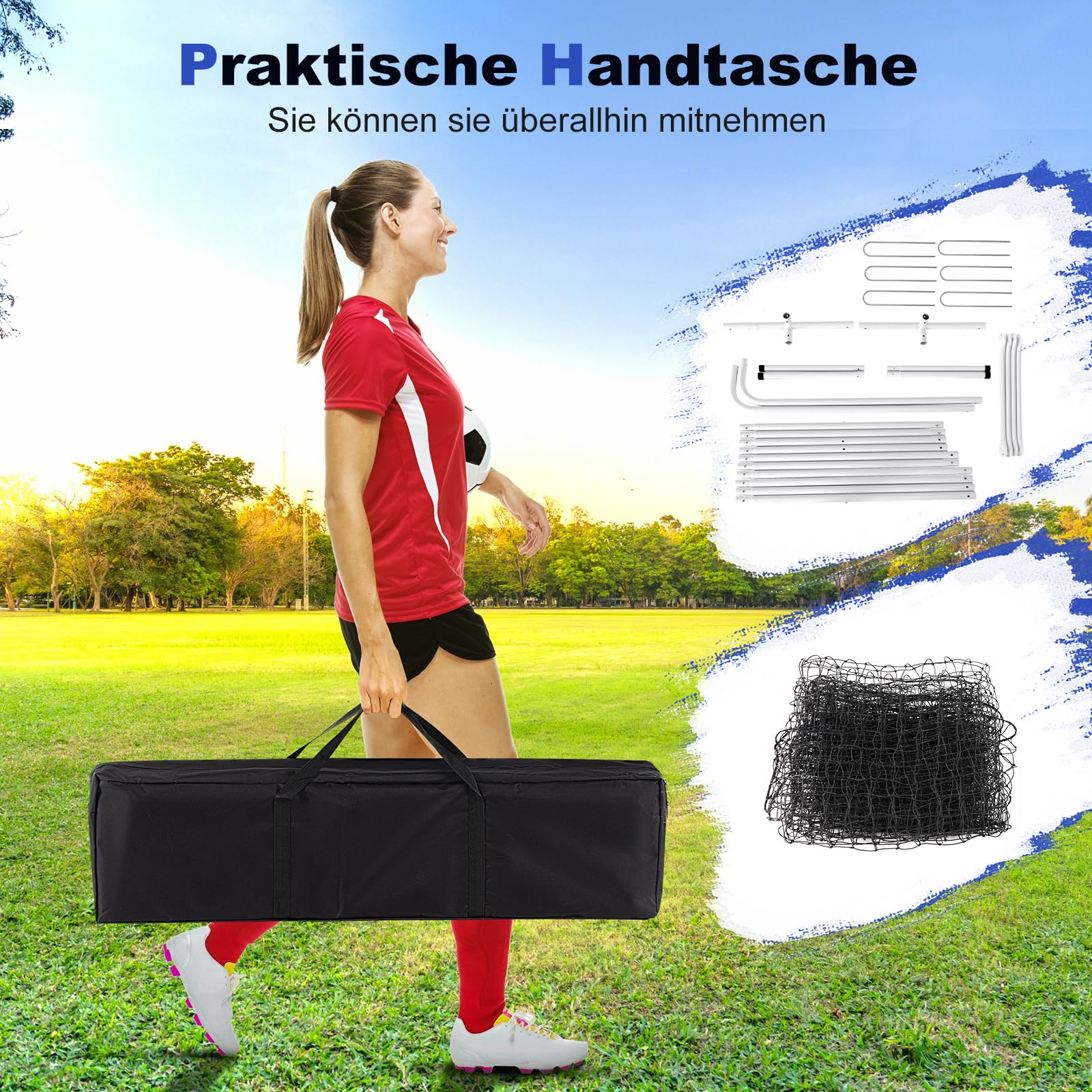 GYMAX Kickback Fußball Rebounder Tor, 372,5 x 182,5 cm, klappbar Kickback Tor, Fußballtor mit verschleißfestem Netz, Tragetasche & 6 Bodenpfählen, Fussballtore für Schule & Strand