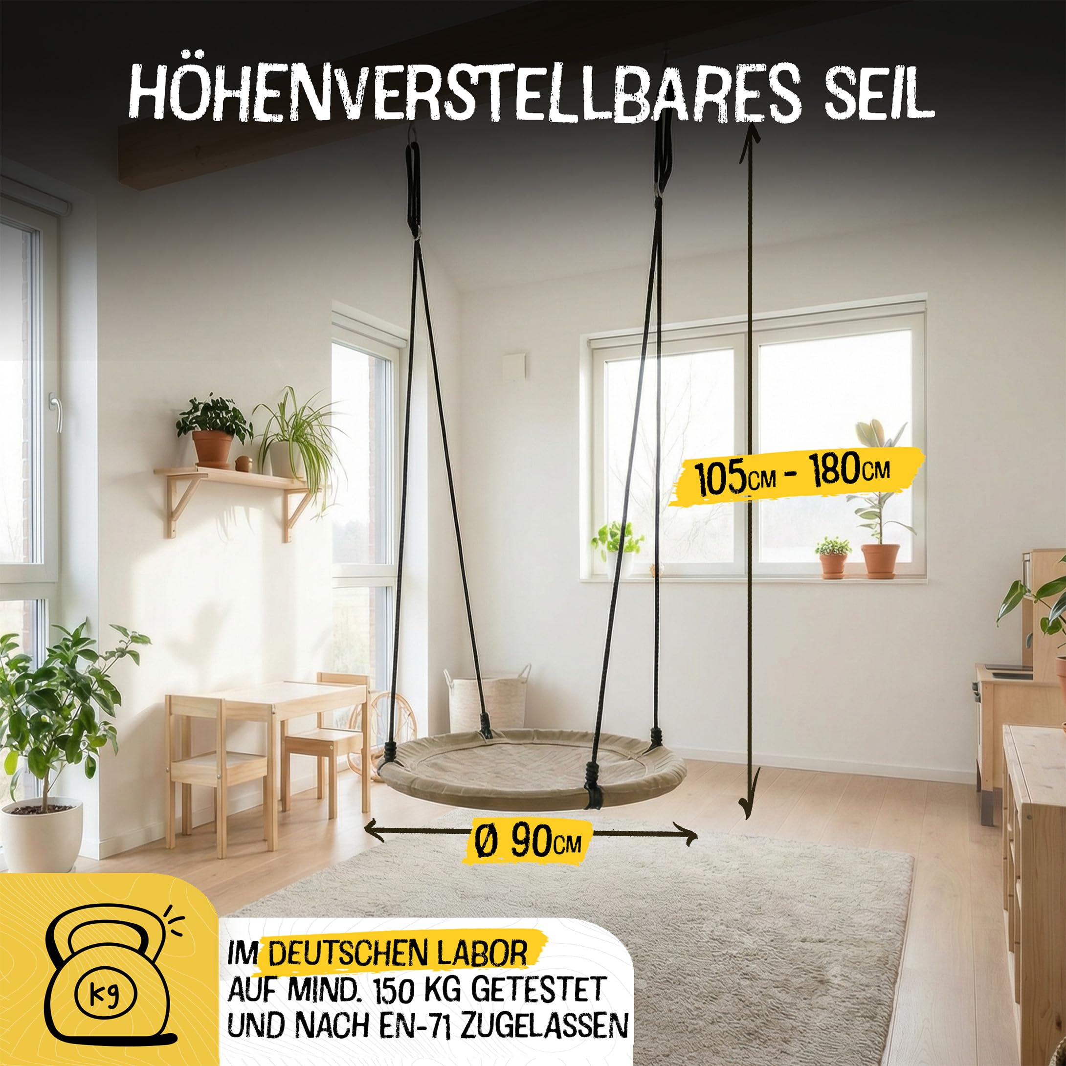 FRIEDO Nestschaukel Outdoor 90/110 cm I Netzschaukel bis 150 kg I Wasserabweisend & UV-beständiger Bezug I Höhenverstellbar I Rostfreier Stahlrahmen I Kein Ausbleichen I Korbschaukel schnell montiert