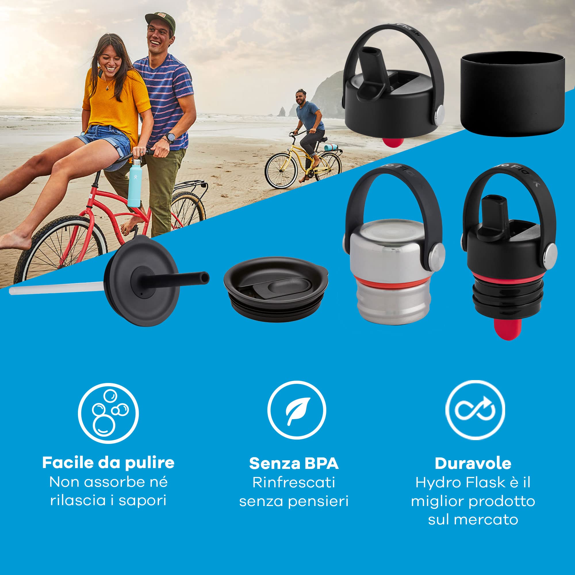 Hydro Flask - Coperchio con cannuccia Flex Straw Cap per wide mouth - Coperchio ermetico a nido d'ape con strap per un facile trasporto - Lavabile in lavastoviglie - Black