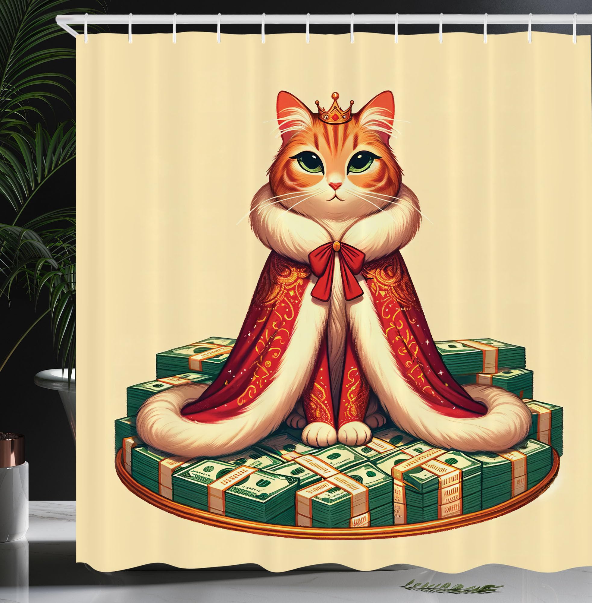 ABAKUHAUS Cat Shower Curtain, Queen Kitty Character on Money, Cloth Fabric Bathroom Decor Set with Hooks, 175 x 180 cm, Cream Hunter Green Orange