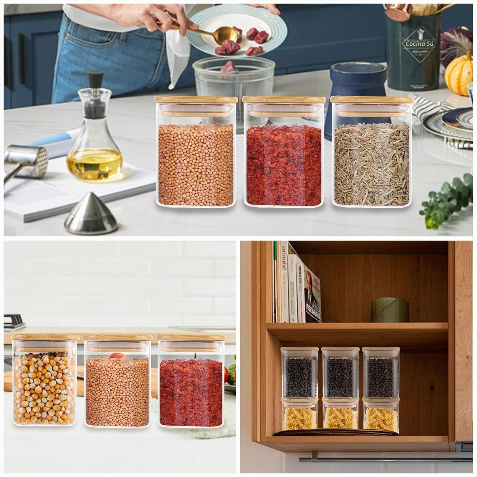 YAYODS 8 tarros de cristal rectangulares con etiquetas, 0,5 L, herméticos, pequeños, con tapa de madera, para granos de café, espaguetis, harina, azúcar (sin BPA)