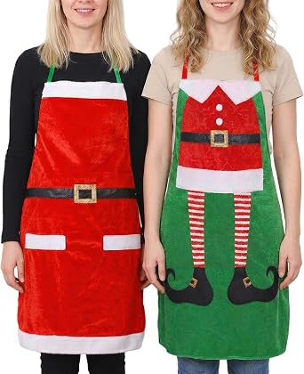 2 Pack Christmas Apron Santa Claus Elf Aprons Fun Holiday Kitchen Accessories for Chef Bib BBQ Cooking Aprons