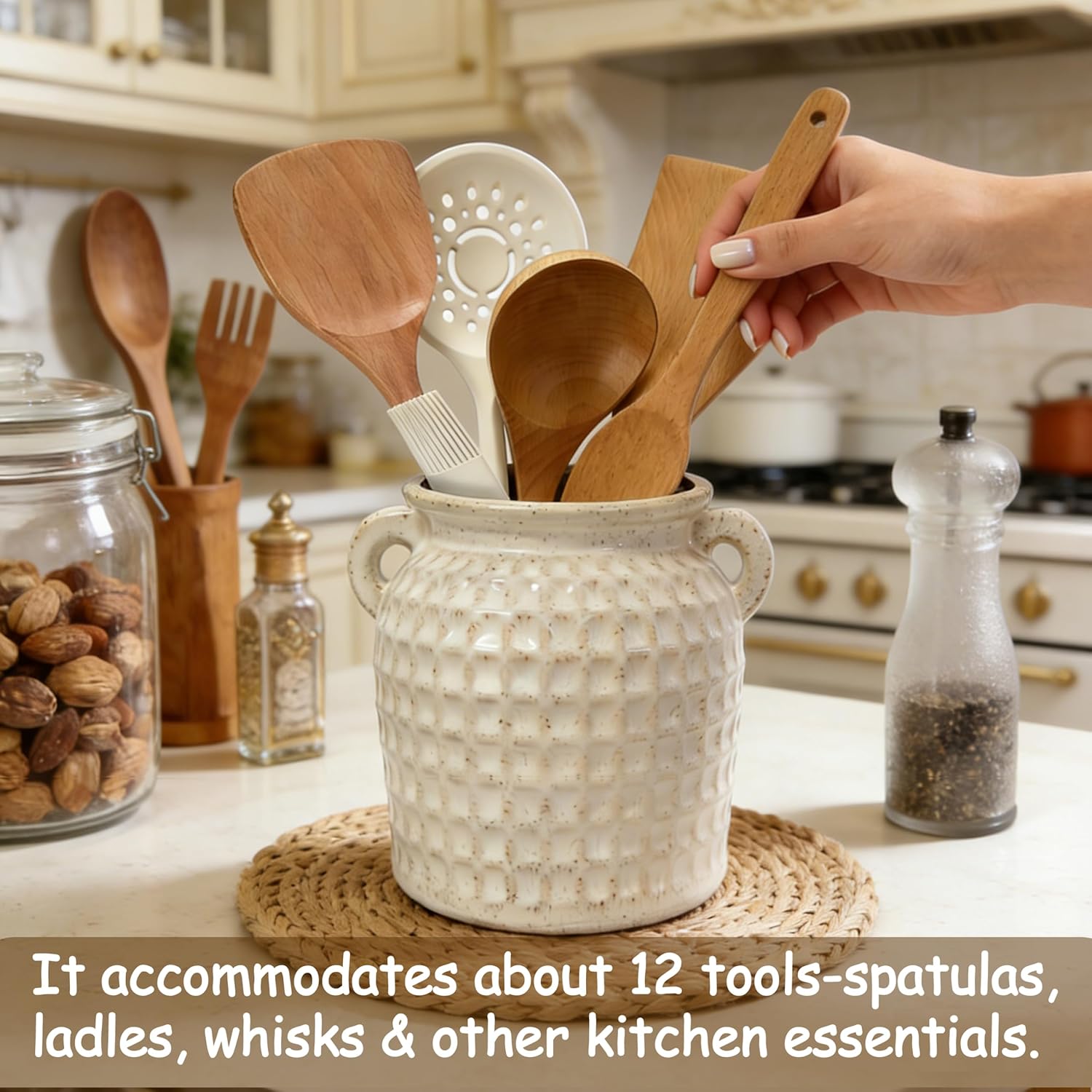 Rustic Kitchen Utensil Holder with Handle, 6.5" Ceramic Farmhouse Stable Utensil Crock for Countertop, Vintage Cooking Tool Organizer & Spatula Holder For Kitchen Decor (White)