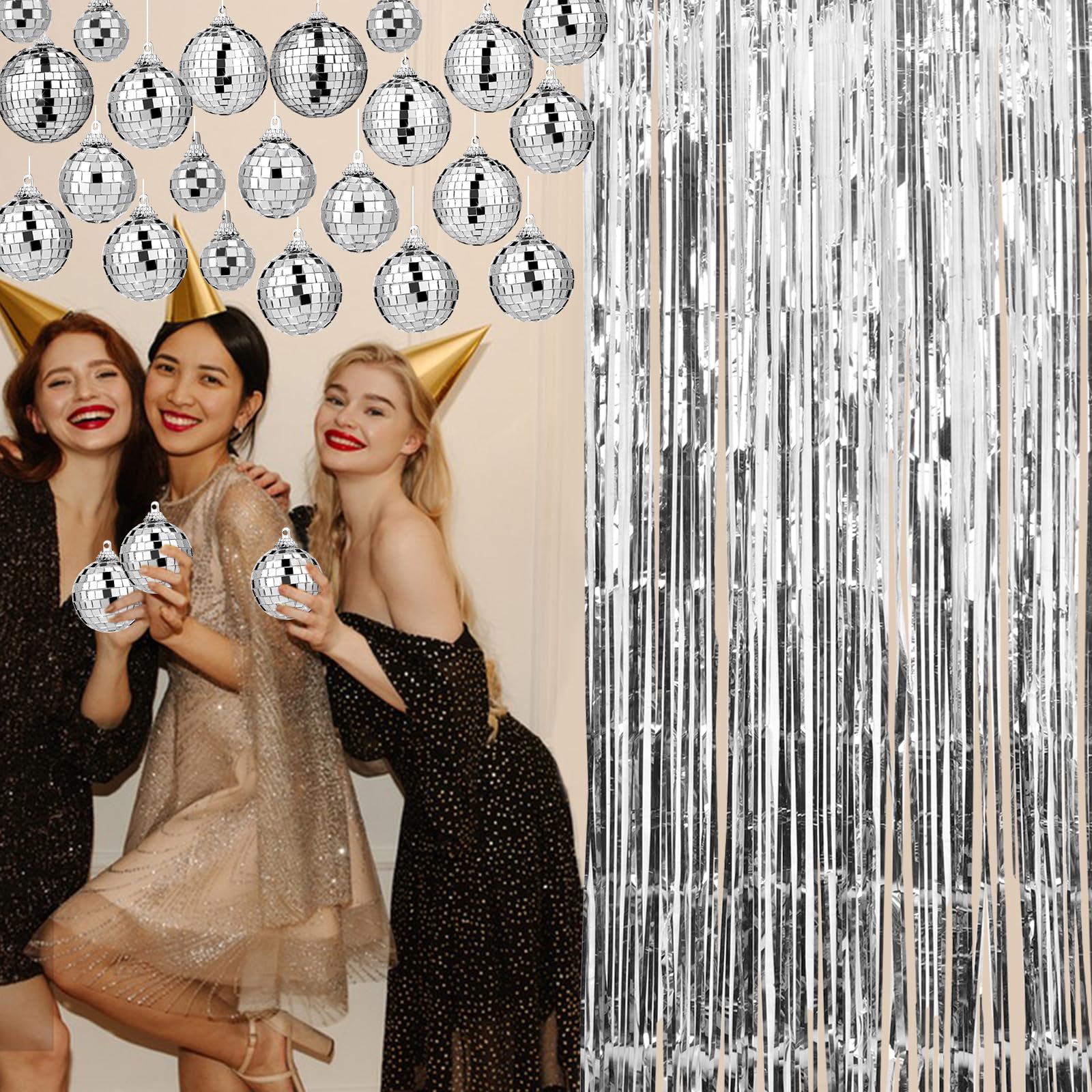 32Pcs Disco Ball Decor with 2pack Metallic Tinsel Foil Fringe Curtains 3.2 x 6.5ft,Hanging Disco Ball Ornaments for Party Decor Wedding Christmas Tree Decoration(1.18in,1.57in,1.96in,2.36in,3.14in)