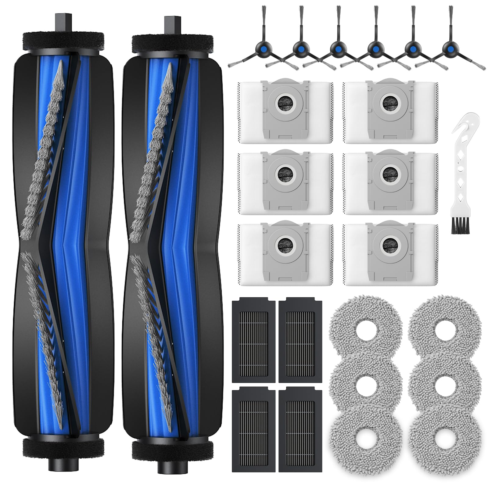 25 Piece Accessory Set for Ecovacs Deebot T50 Pro Omni / T50 Omni / T50 Robot Vacuum Cleaner, Replacement Parts with 2 Main Brushes, 4 HEPA Filters, 6 Mop Pads, 6 Dust Bags, 6 Side Brushes, 1 Cleaning