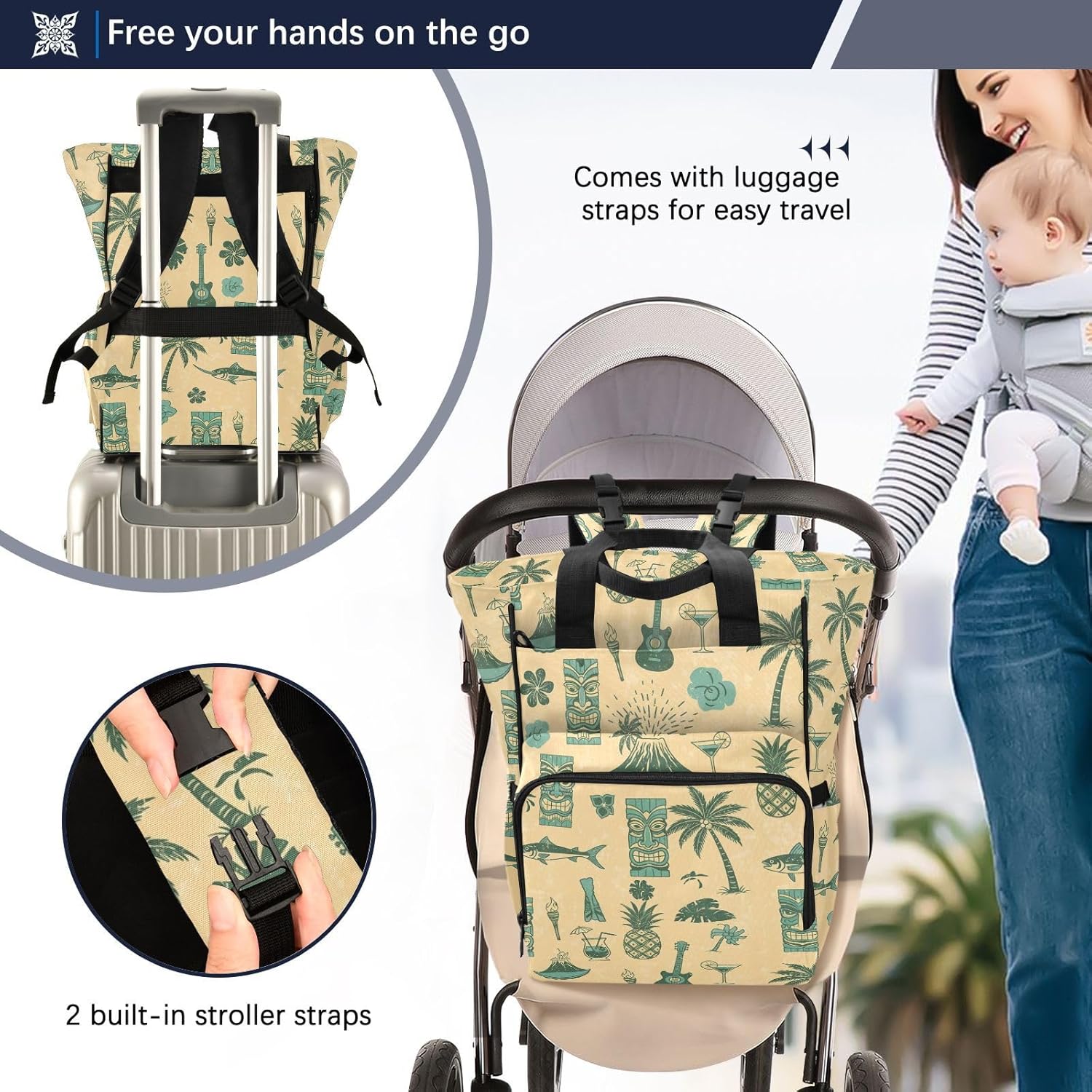 SPRIPORT Tropical Pineapple Fish Beige Print Diaper Bag Backpack for Baby Boys Girls Multifunction Baby Essentials Travel Tote with Stroller Straps & Bottle Storage Nappy Changing Bag for Baby Gifts