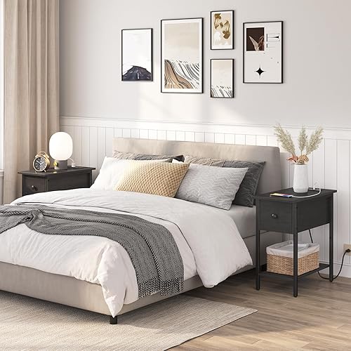 Miniatura 5 de HOOBRO Juego de 2 mesas auxiliares con estación de carga, mesita de noche estrecha con cajón, mesa auxiliar delgada con puertos USB, mesita de noche