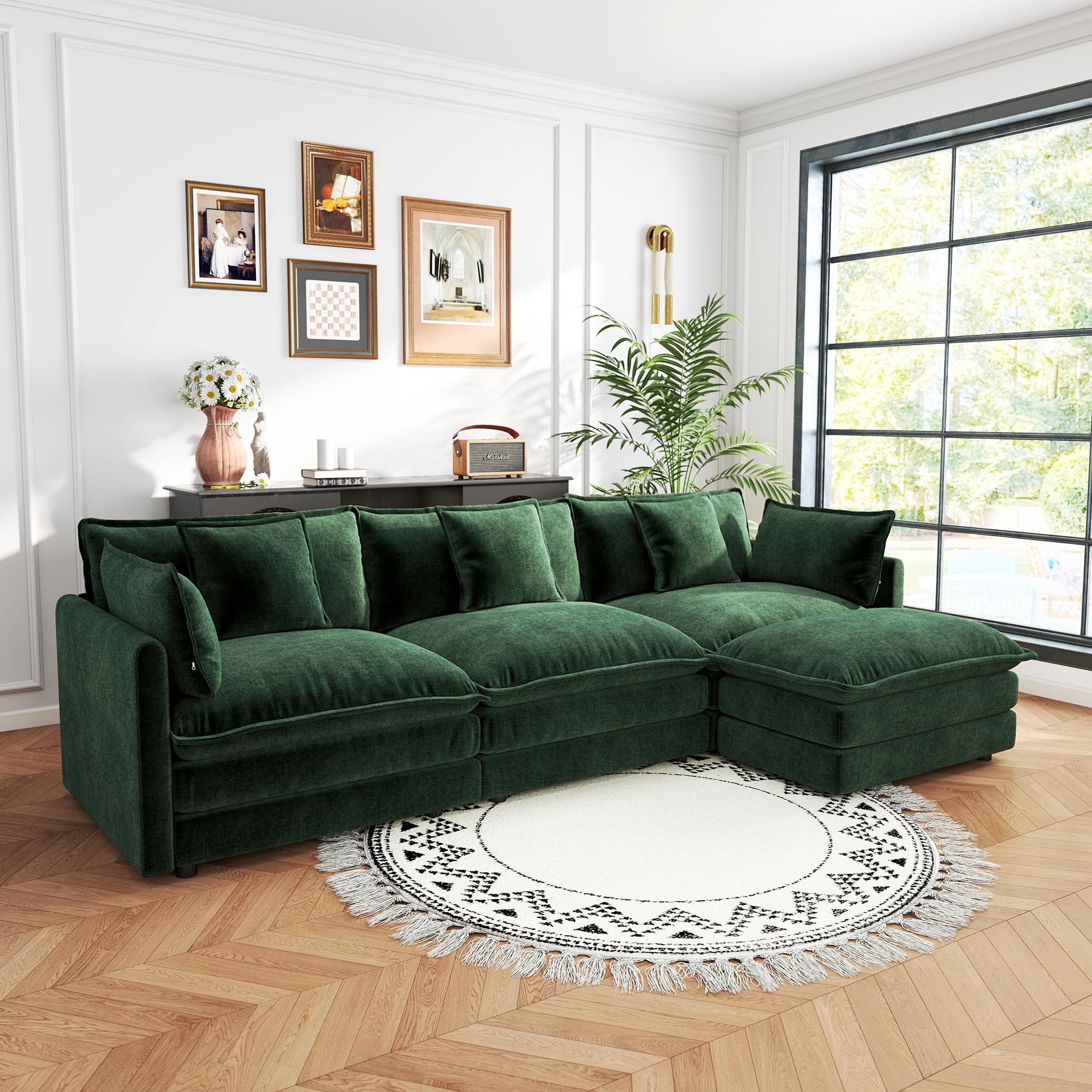 Sectional Sofa 3-Seater Modular Couch with Ottoman - Green L-Shaped 111.5" Deep Seat Living Room Furniture | Customizable Sizing, Cloud-Like Comfort, Modular Flexibility, Easy Assembly, Modern Design (INCOMPLETE ONY ONE BOX) 