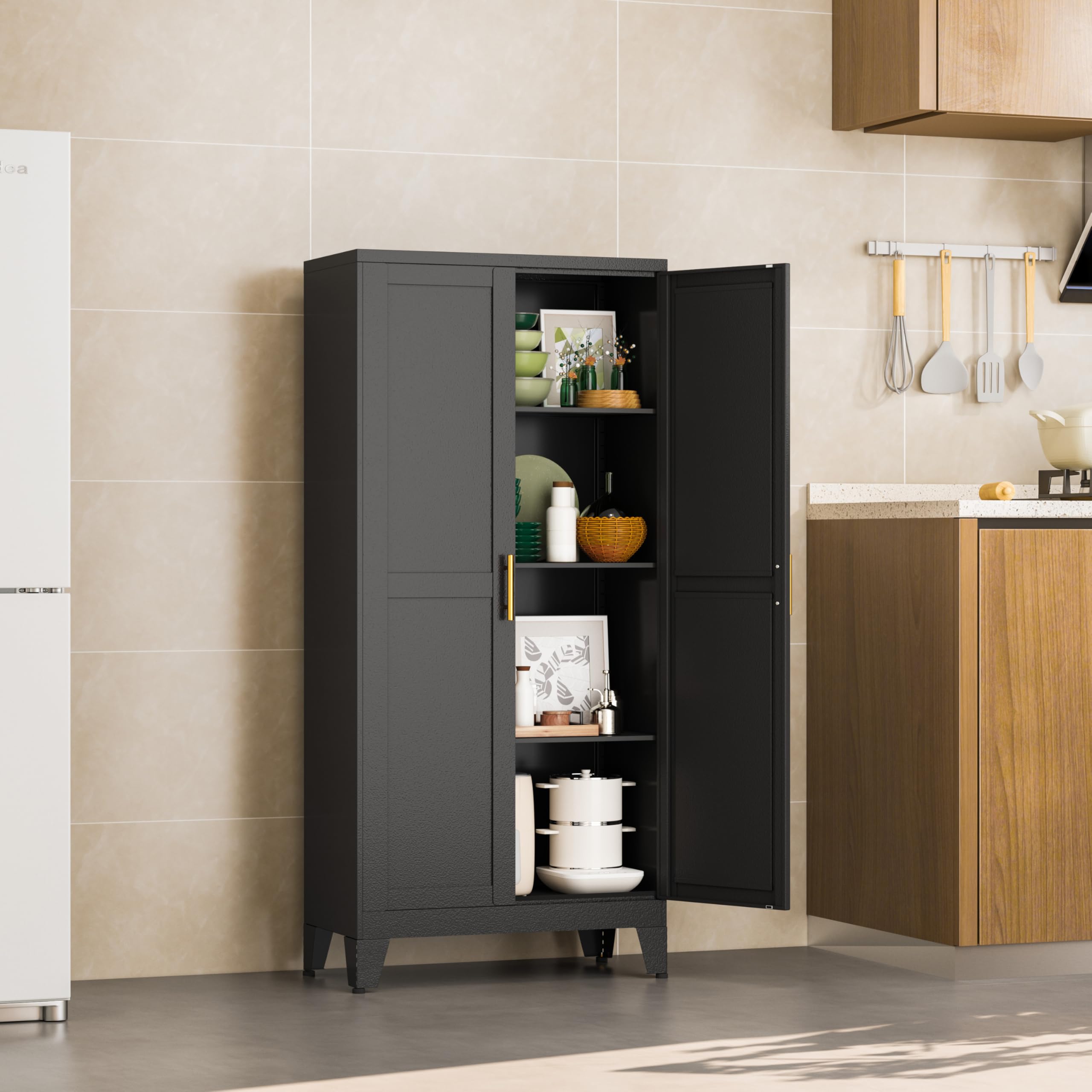 AUEYTVR Metal Pantry Cabinet, Kitchen Storage Cabinets with 2 Doors and Adjustable Shelves for Kitchen, Living Room, Dining Room, Bathroom (Black,