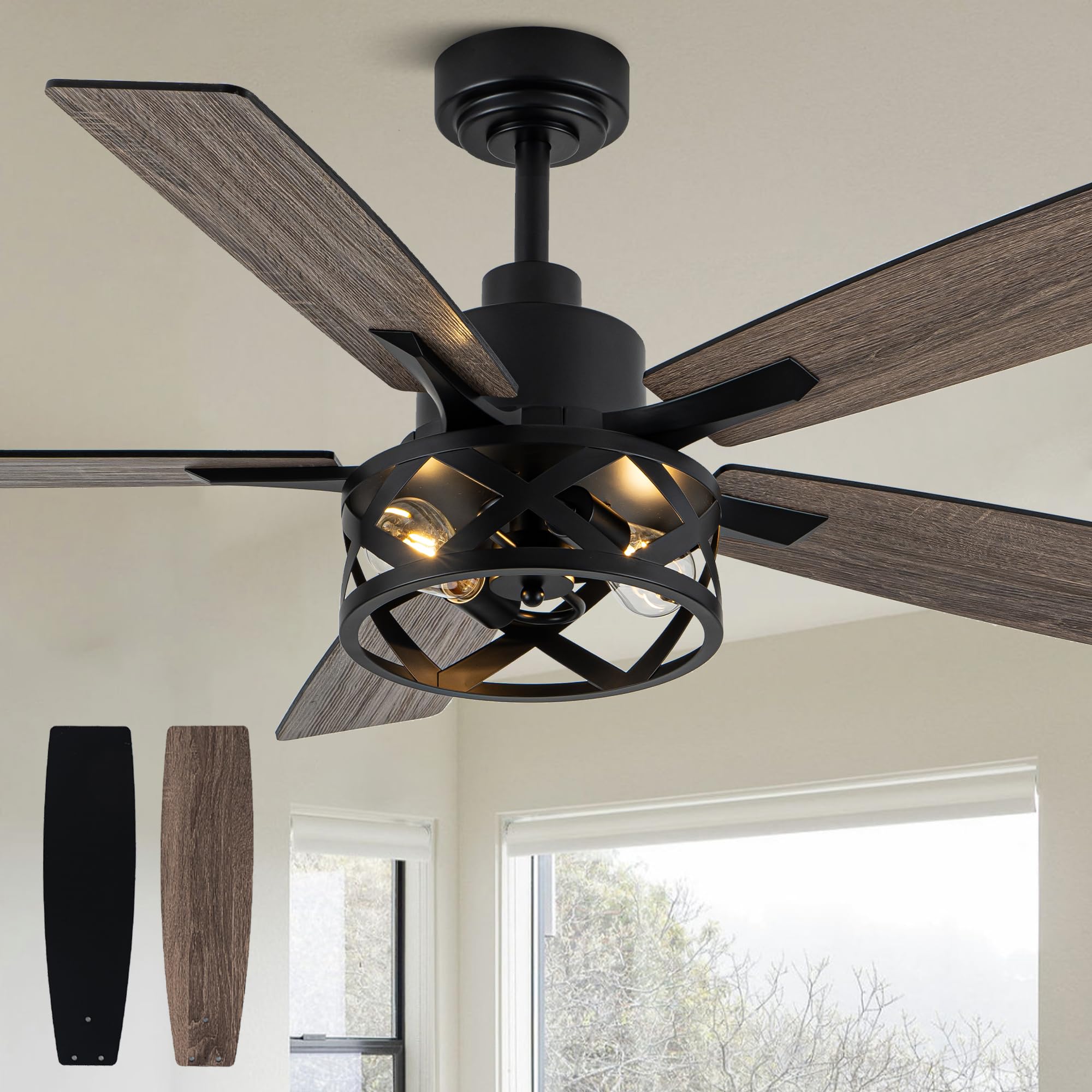 52" Farmhouse Ceiling Fan with Lights Remote, Rustic Ceiling Fan