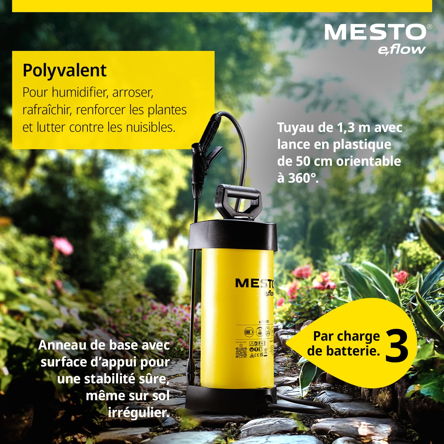 MESTO e.Flow e.Flori Compact Pulvérisateur à Batterie 3 L | Pulverisateur Electrique 1,4 Bar | Pulverisateur de Jardin électrique à Main avec Pompe intégrée pour Eau, Engrais et désherbage