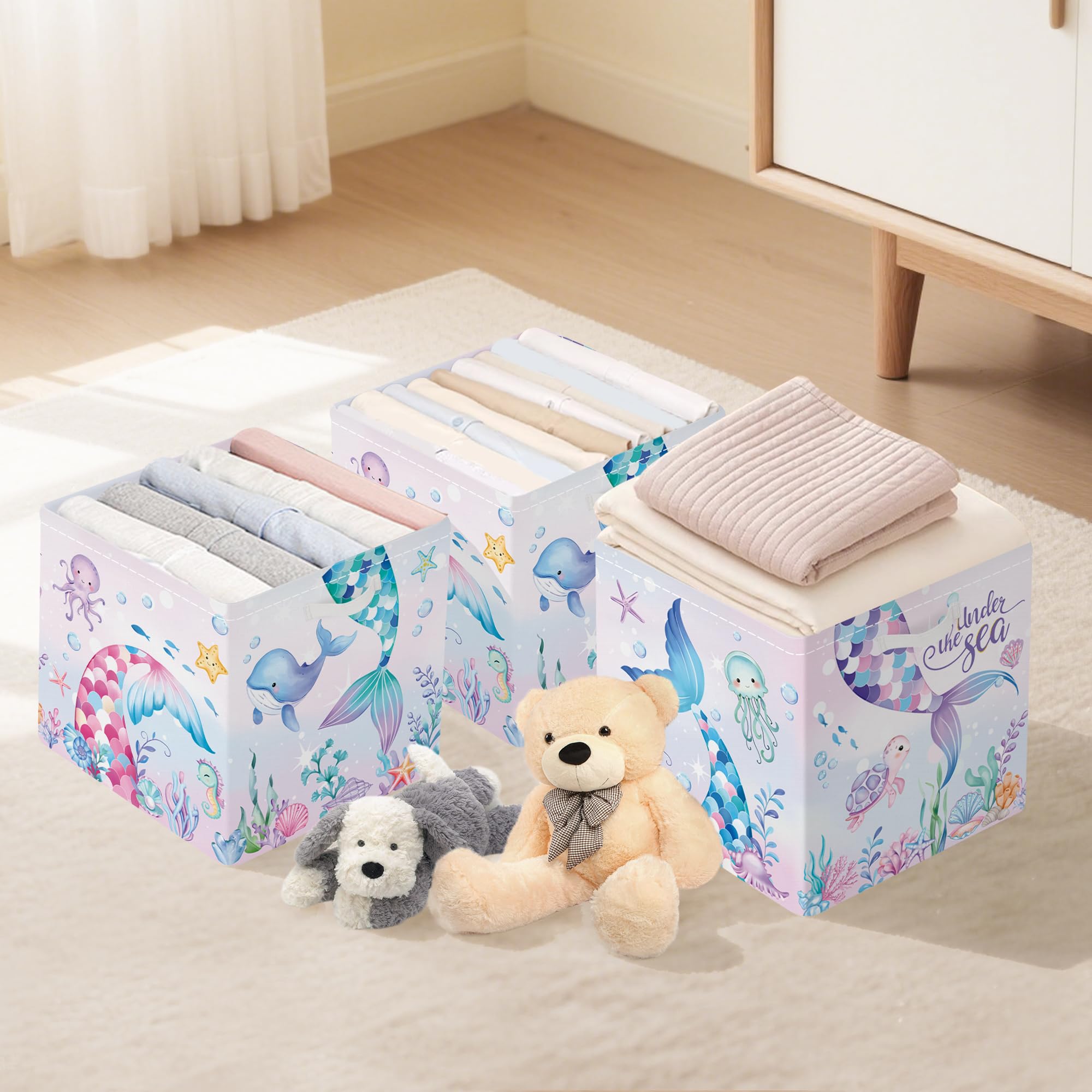 Clastyle Lot de 3 Boite Rangement Tissu Enfant Queue Sirène Cube de Rangement Pliable Filles Panier Kallax pour Salle de Bain,Algue Colorée,30x30x30 cm