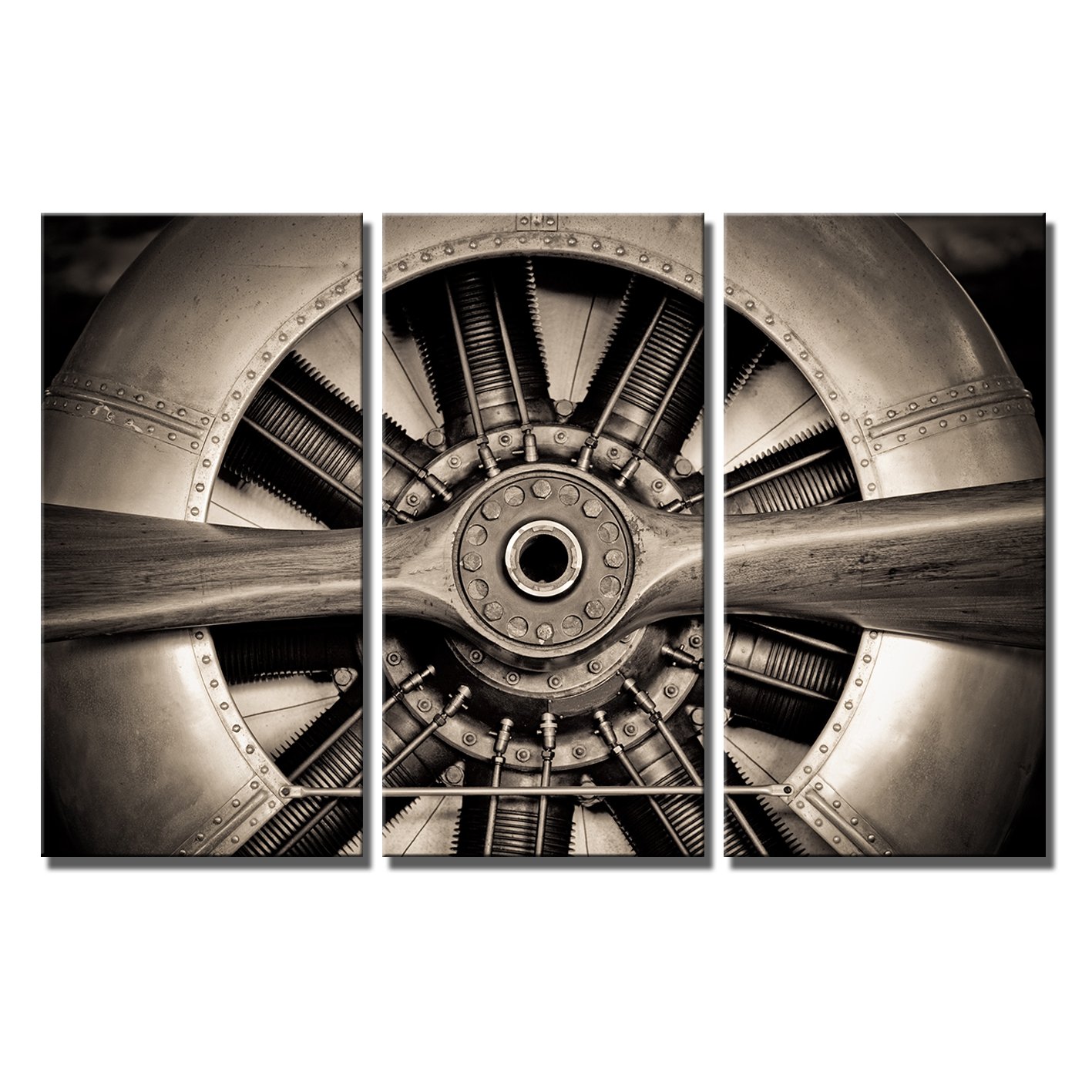 Photo 1 of **HAS MINOR DAMGE KLVOS 3 Panel Airplane Propeller Canvas Wall Art Retro Aircraft Engine Engineering Closeup Picture Vintage Plane Decor Giclee Prints Modern Home Decals Framed For Office Ready to Hang 16"x32"x3