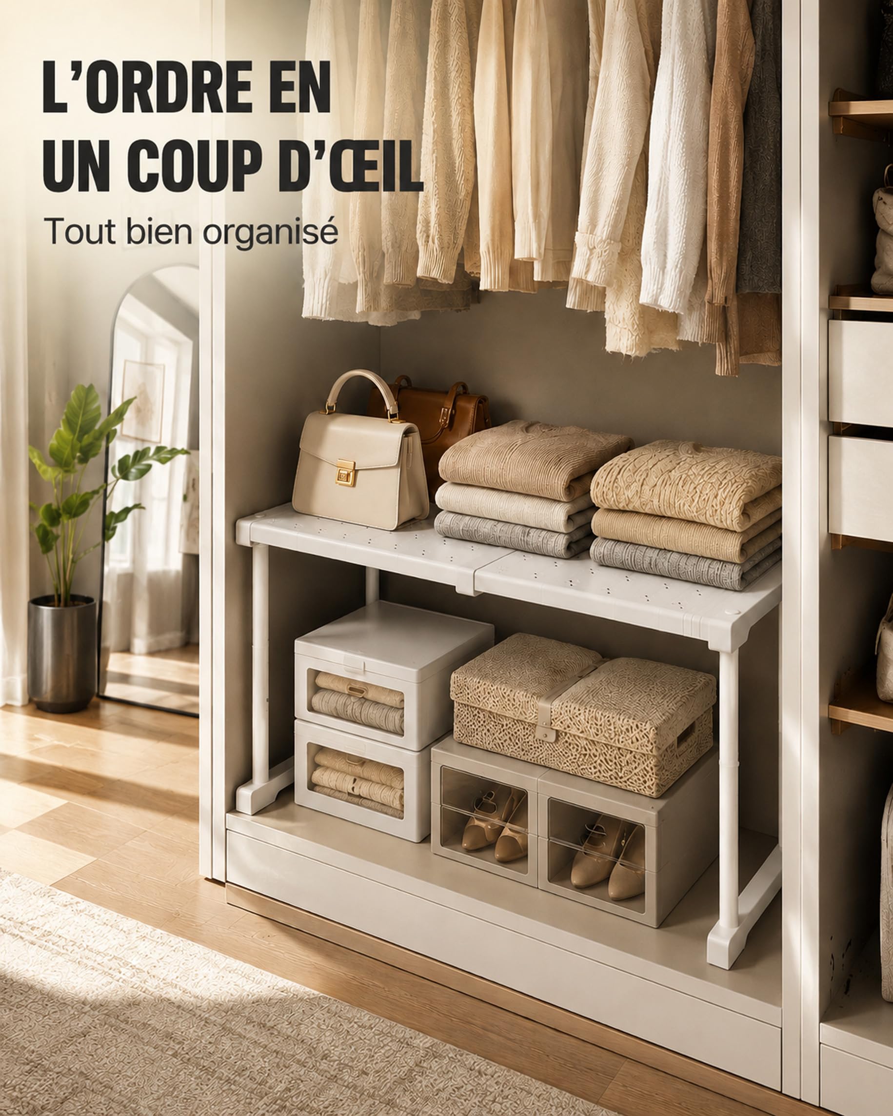 Extensible Séparateur Étagère pour Armoire, Étagère Penderie Extensible, Télescopique Étagères de Rangement Réglable pour Chambre, Salle de Bain, Cuisine, 47-68cm