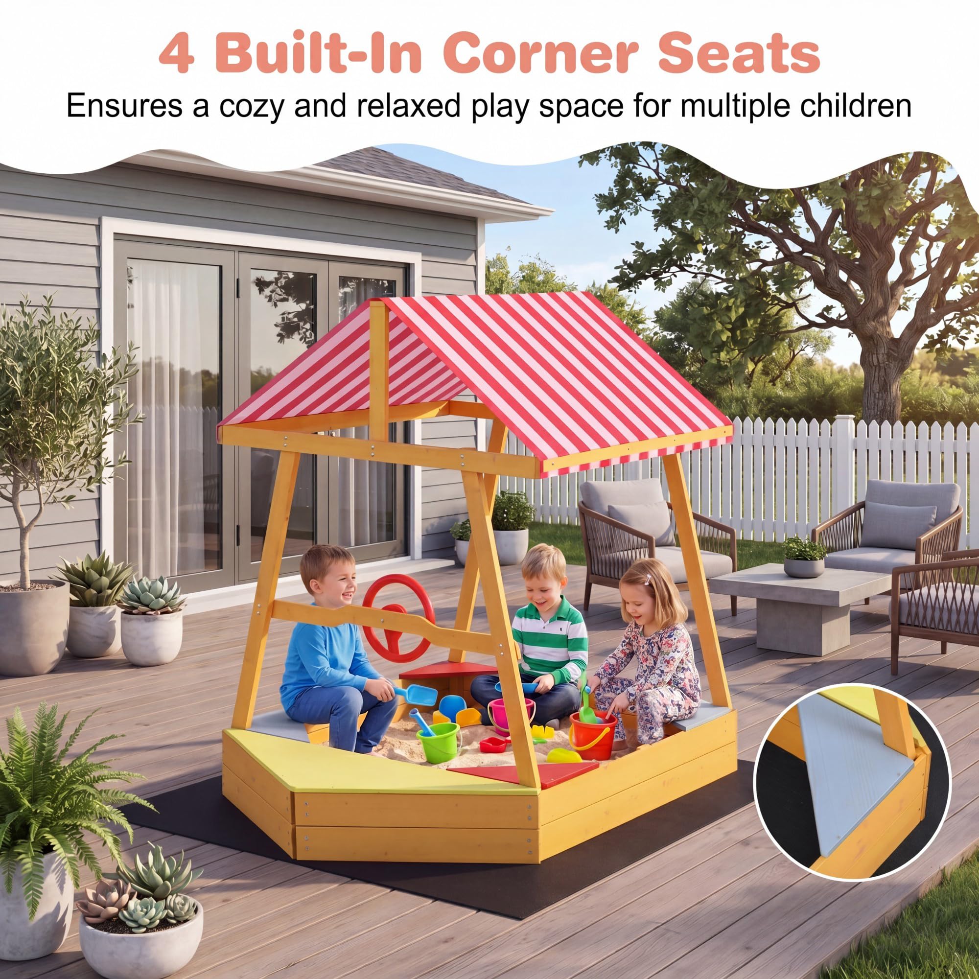 HOMASIS Bac à Sable en Bois pour Enfants, Jeu Extérieur en Forme Bateau avec Toit Oxford, Volant Pivotant, 4 Sièges d’Angle, Tapis de Sol, Fond Ouvert pour Drainage,103 x 135 x 140 cm, 18 Mois+
