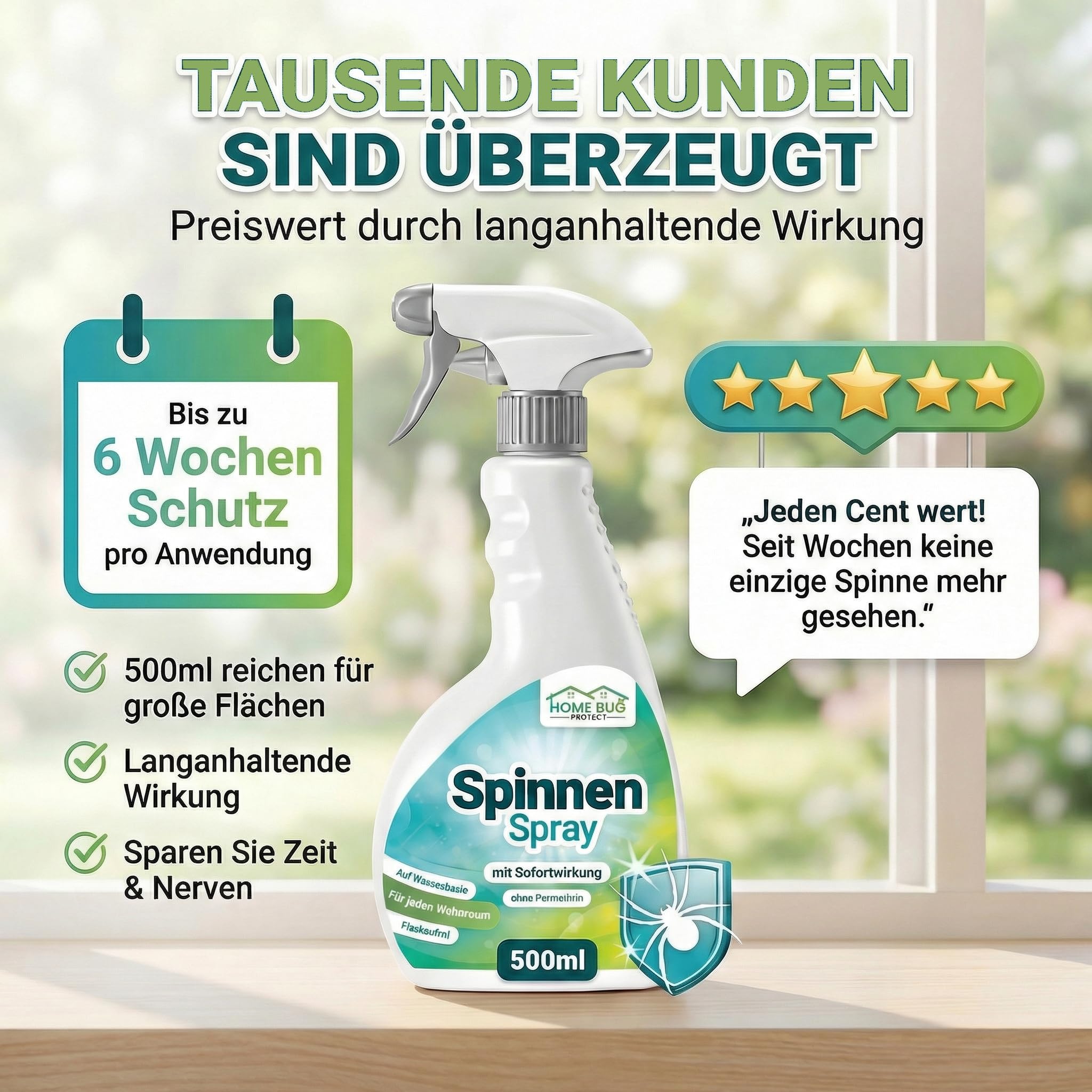 Spinnenspray 500ml Sprühflasche- Effektives Spinnen Spray zur zuverlässigen Spinnenabwehr im Haushalt - Anti Spinnenspray mit Sofortwirkung -