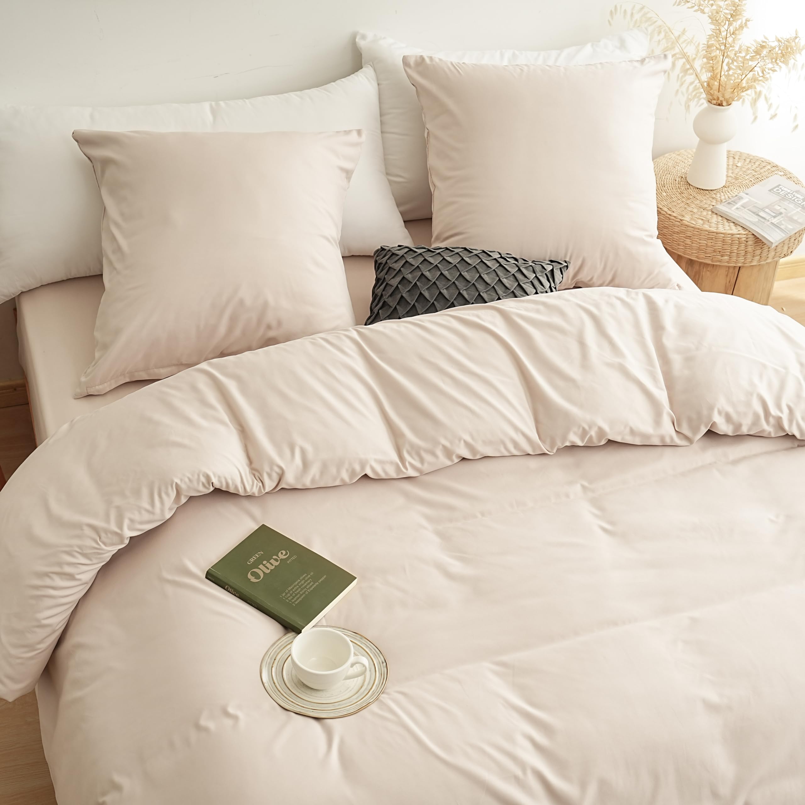 MOHAP Parure de Lit 4 Pièces Housse de Couette 220x240cm + Drap Housse 140x190/200cm avec 2 taies d'oreillers 65x65cm Beige pour 2 Personnes Parure 120 Fils/cm² en Microfibre