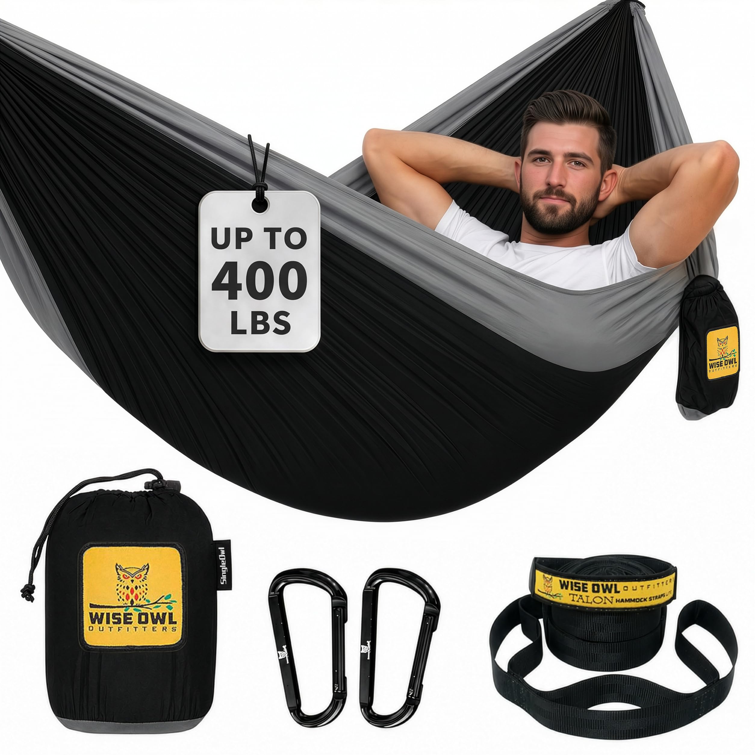 Hammock for Camping Single Hammocks Gear for The Outdoors Backpacking Survival or Travel - Portable Lightweight Parachute Nylon SO Black & Grey