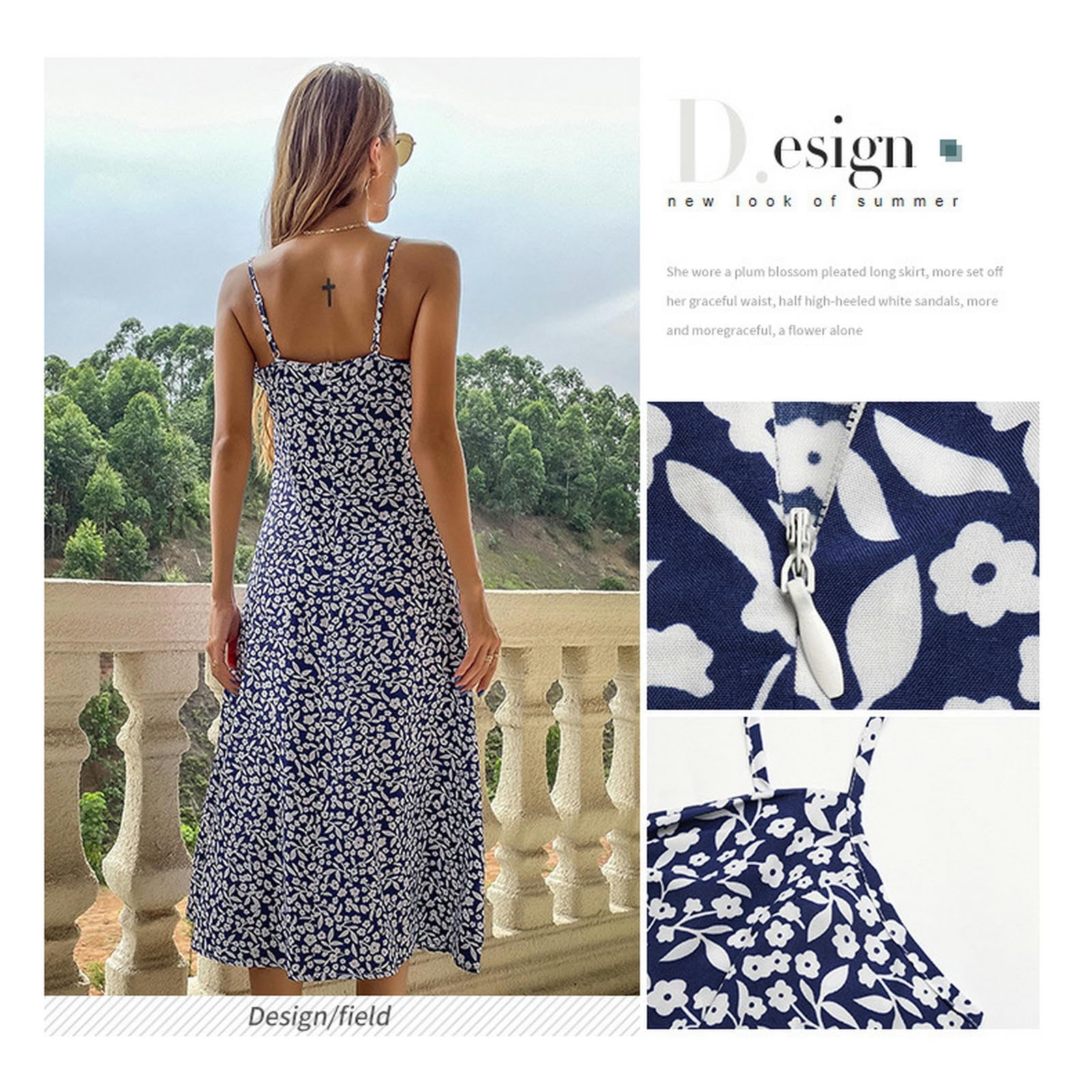 Dresses - Vestido midi bohemio para mujer, con lazo en los hombros, sin mangas, estampado floral, abertura en el muslo, color azul YYEFNMAZ