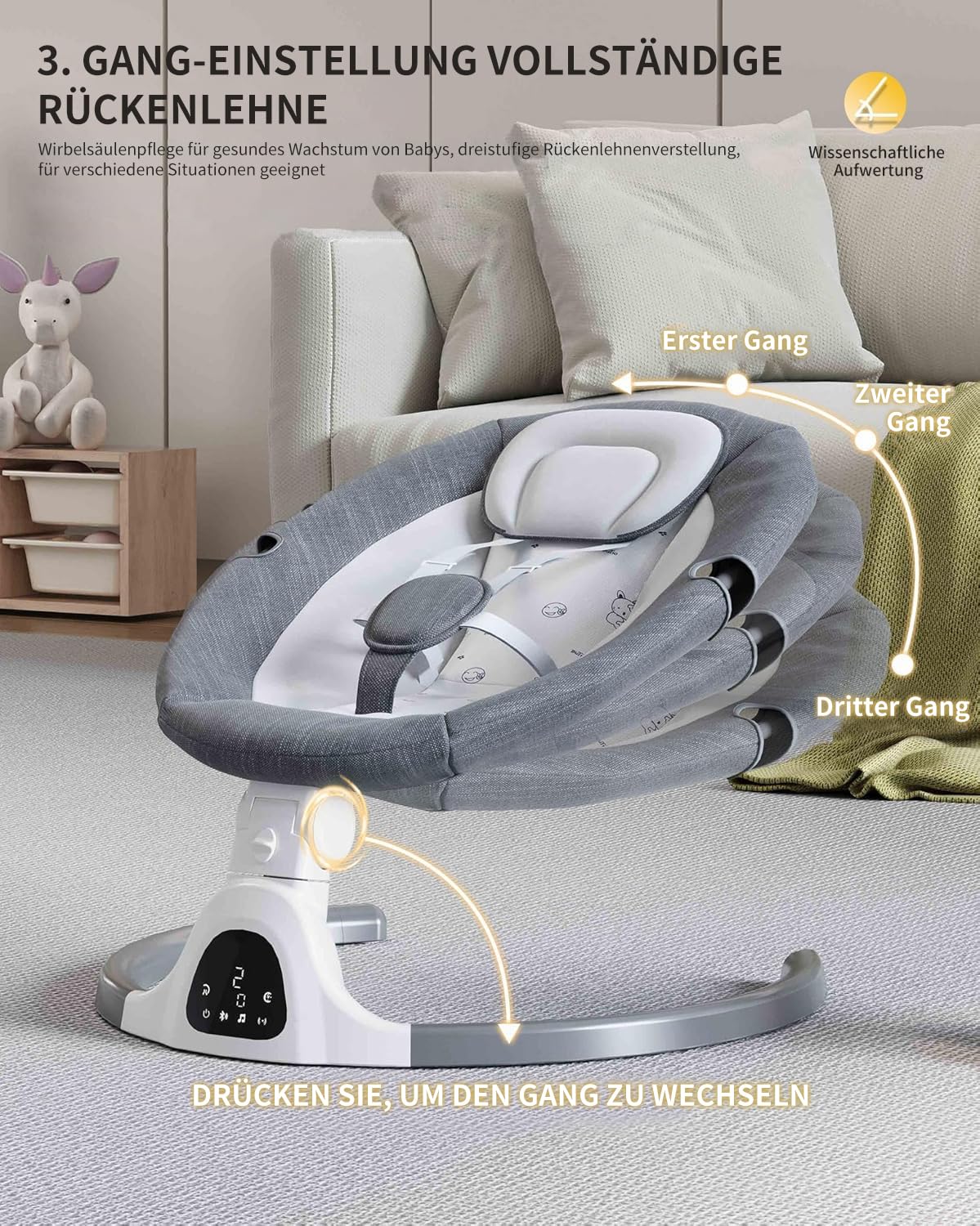 Altalena Baby Bluetooth Baby Altoparlante musicale 5 velocità con 12 ninna ninna ninna preimpostata telecomando Baby dondolo per interni con sedia touch screen per 5