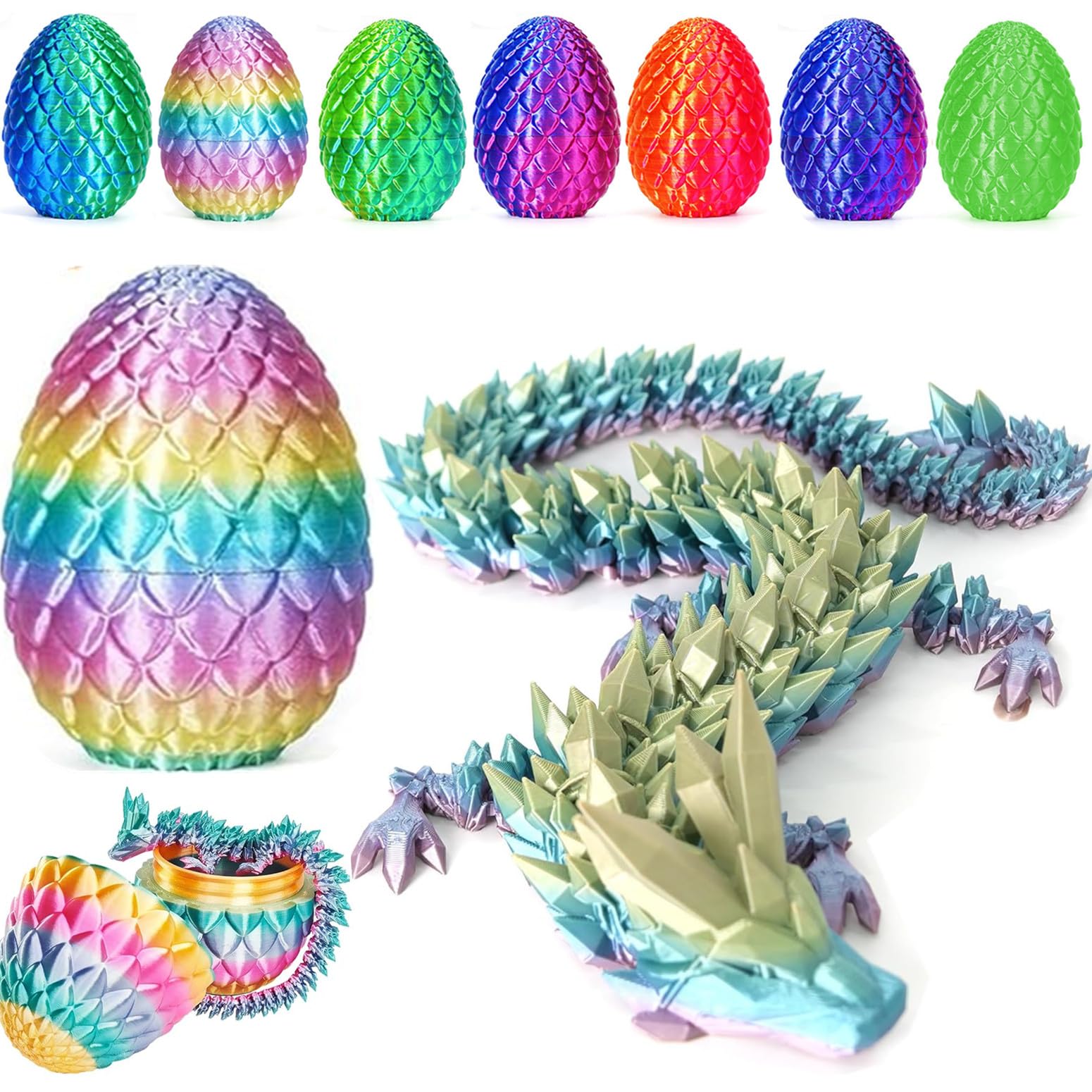 3D Printed Dragon Easter Egg,8.5in. Articulated Crystal Dragon Fidget Toy,Perfect Basket Essentials Stuffers (1set & CandyMulti, L8.5inch Dragon&