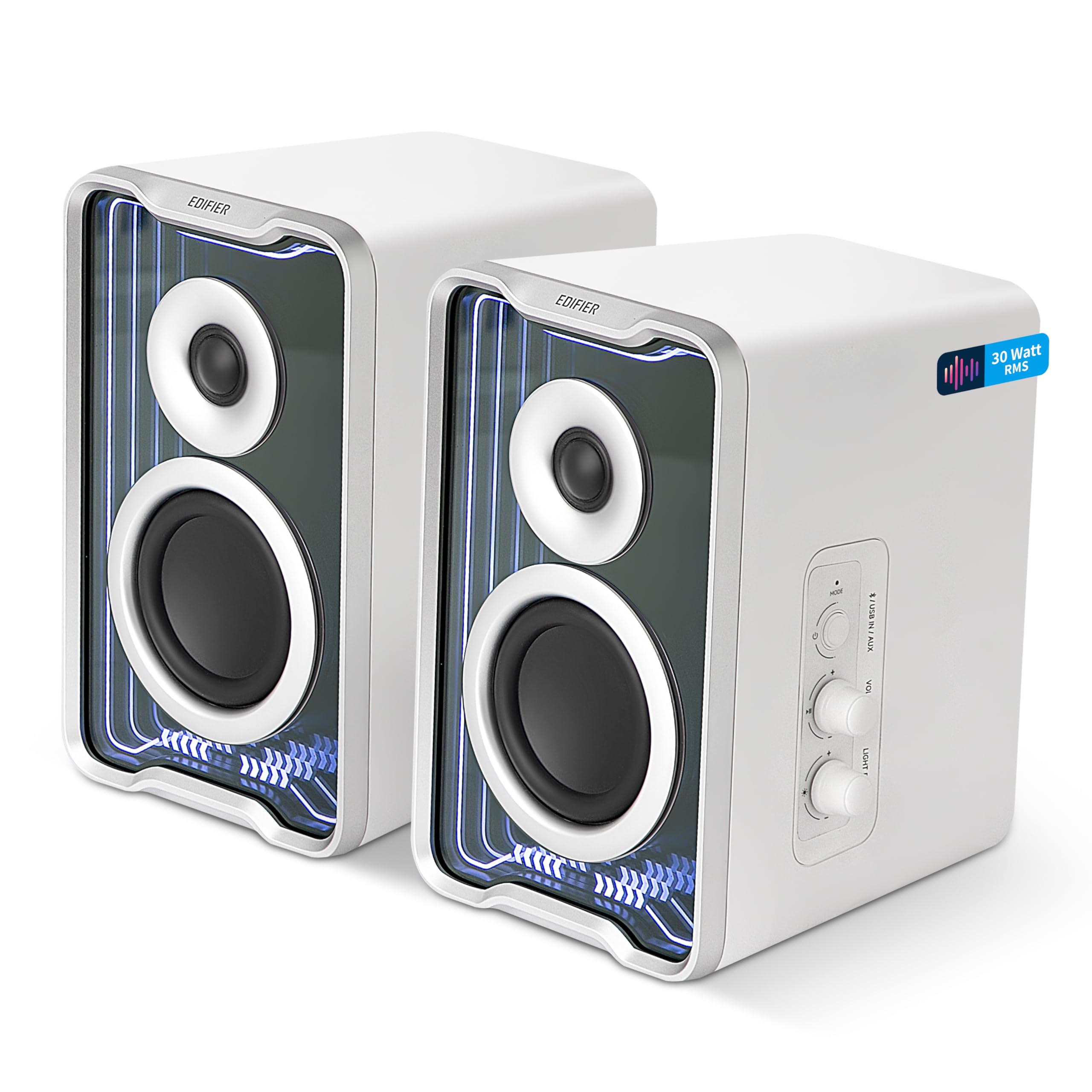 Edifier QR30 Aktiver Desktop-Lautsprecher mit Bluetooth V5.4, dynamische Lichteffekte, 30 Watt RMS – Weiß