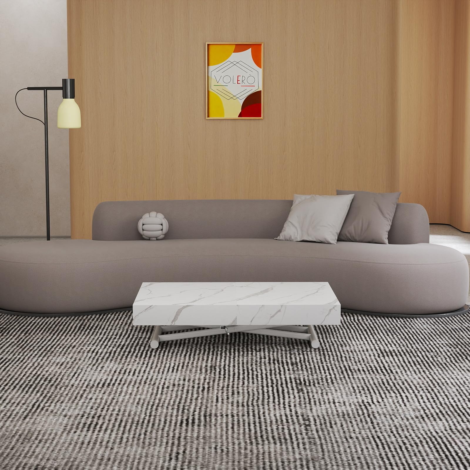 ; Table Lift-top Coffee to Dining Table,Transformable Space-Saving Table, Achille Large Model, Sliding Mechanism with Millimeter Height Adjustment (White Veined)