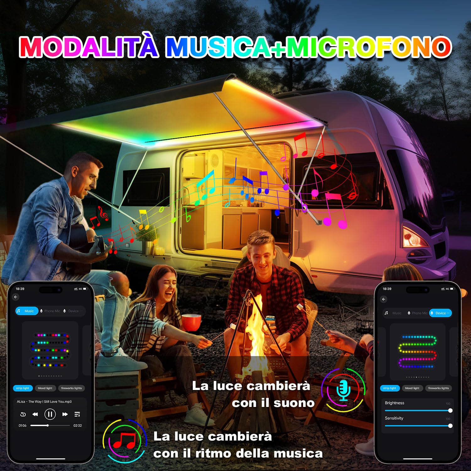 Lichaser Striscia di luci LED per camper impermeabile IP67, luce per camper 12V RGB+IC con APP e telecomando, illuminazione per camper interna ed esterna per tenda da sole, tende da camper (10m)