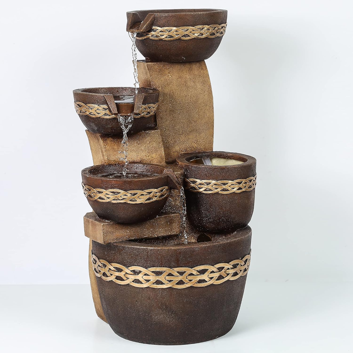 LuxenHome 4 Tiered Resin Cascading Pitchers Outdoor Fountain, Floor Stacked Waterfall Fountain Decoration for Garden Backyard Patio Courtyard 27 Inch Tall, Brown : Patio, Lawn & Garden