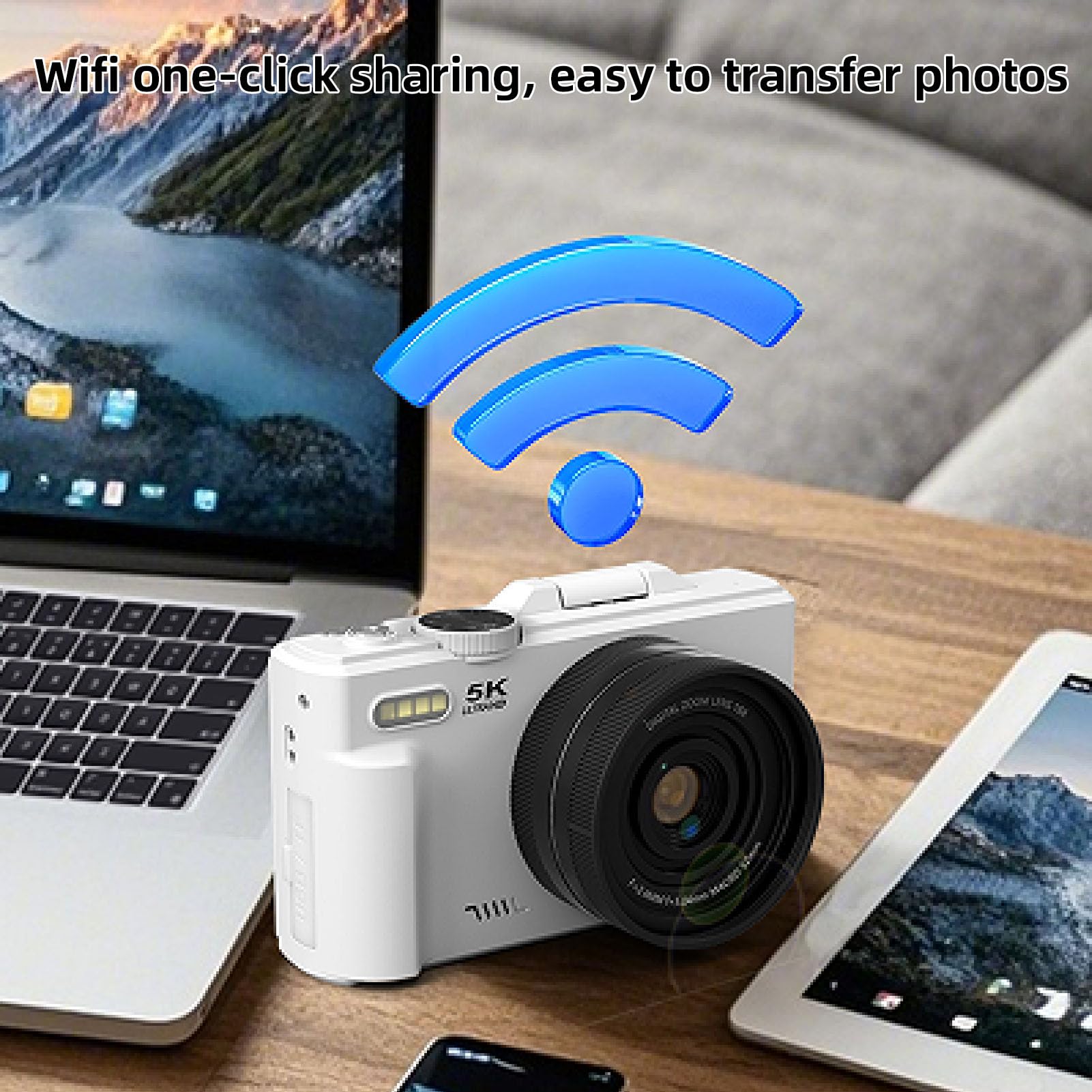 Dpofirs Fotocamera Digitale 5K per Fotografia, Videocamere Vlogging Wi-Fi da 75 MP, con Schermo Orientabile da 3 Pollici e Orientabile a 180 Gradi, Videocamera da Viaggio Compatta per (WHITE)