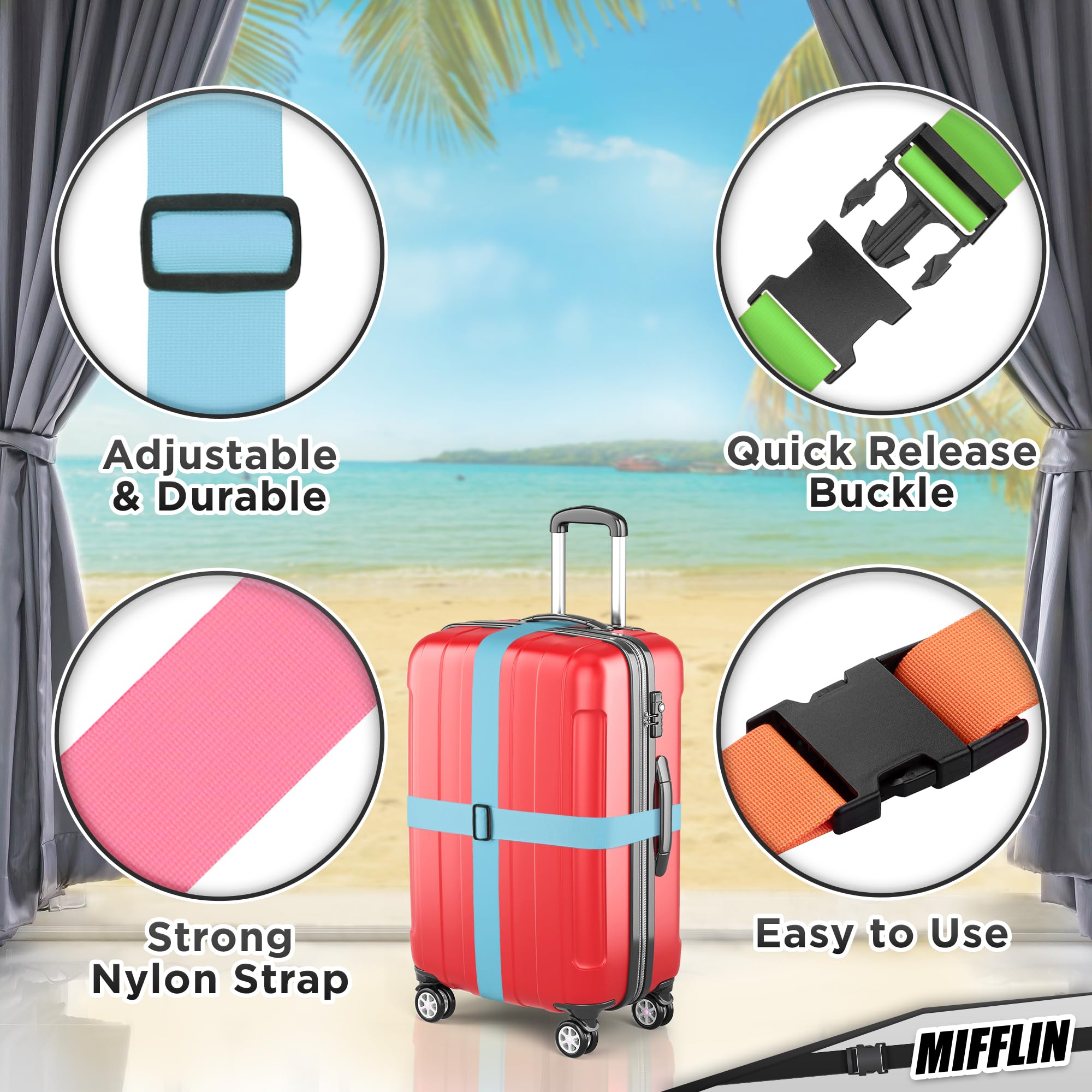 Luggage Straps - Mixed Color, 2m Long, 5cm Wide, 4 Pack - Adjustable Nylon Belt for Travel Suitcases & Bags - by Mifflin