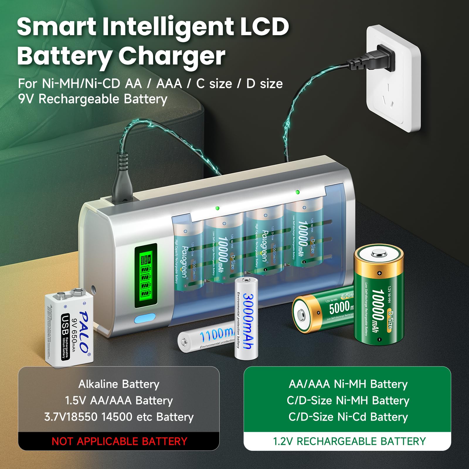 Lot de 6 piles rechargeables C 1,2 V 4000 mAh NiMH avec chargeur de batterie LCD universel pour piles rechargeables AA AAA C D 9 V NiMH NiCD avec fonction de décharge