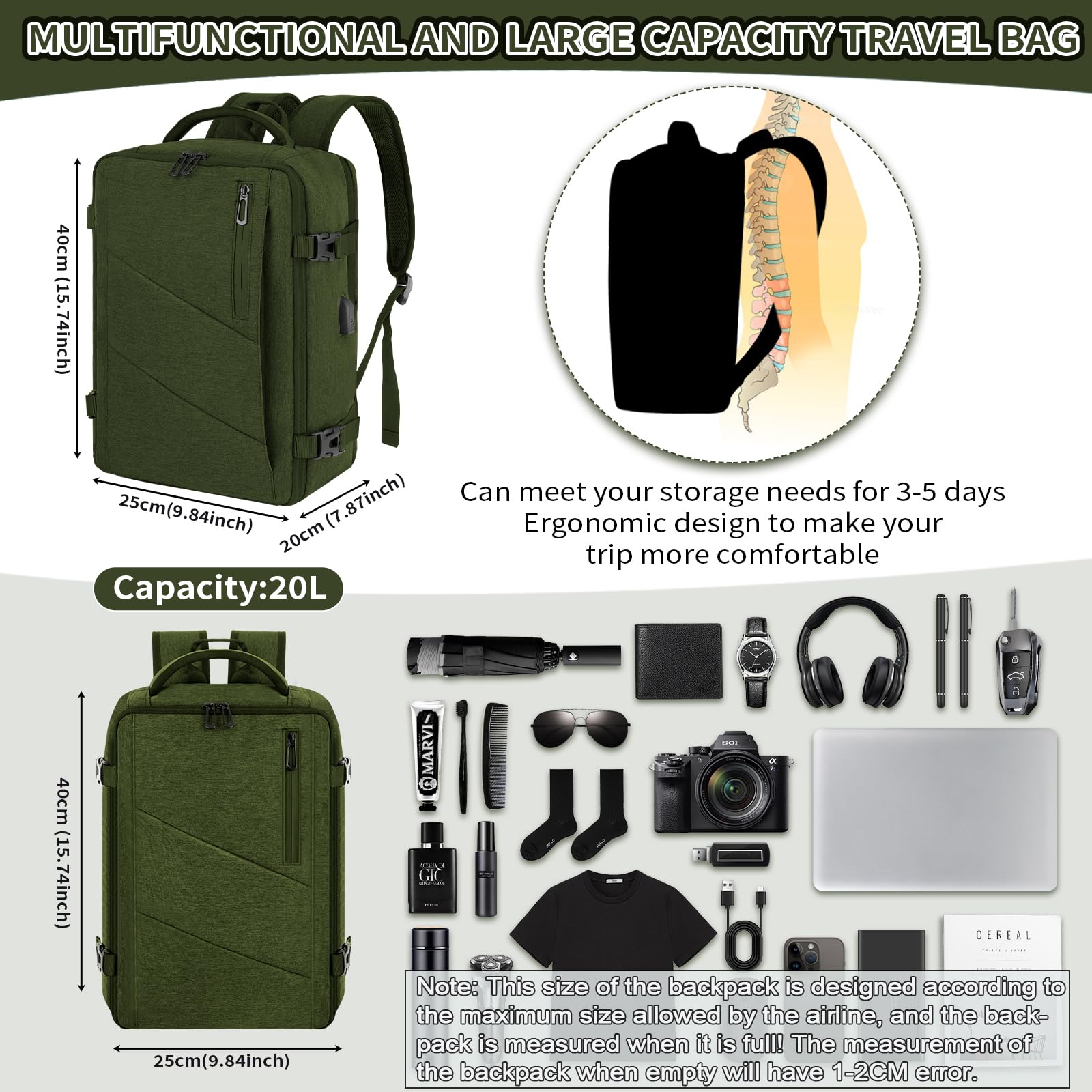 VOESLD Zaino per Ryanair 40x20x25, Zaino da Viaggio Aereo Bagaglio a Mano Verde Zaino Porta PC Donna Uomo Impermeabile Zaino Bagaglio a Mano per Tutte le Principali Compagnie Aeree, con Porta USB 20L