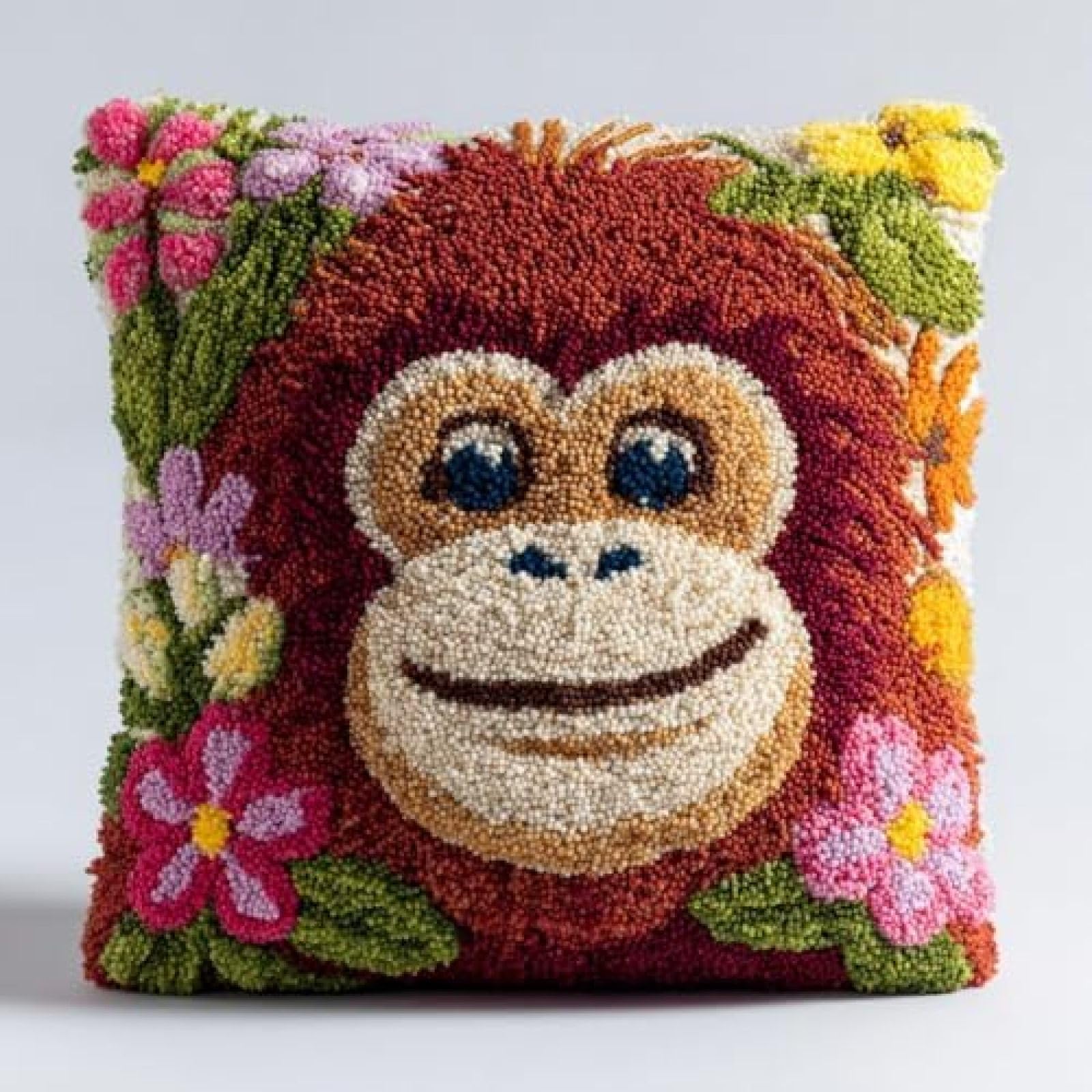 kitphoenix DIY Latch Hook Cushion Kit Orangutan Portrait in Flowers,Beginner-Friendly Rug Hooking Pillow Kit,Crochet Craft Cushion Cover for Home Decor,43x43 cm-2