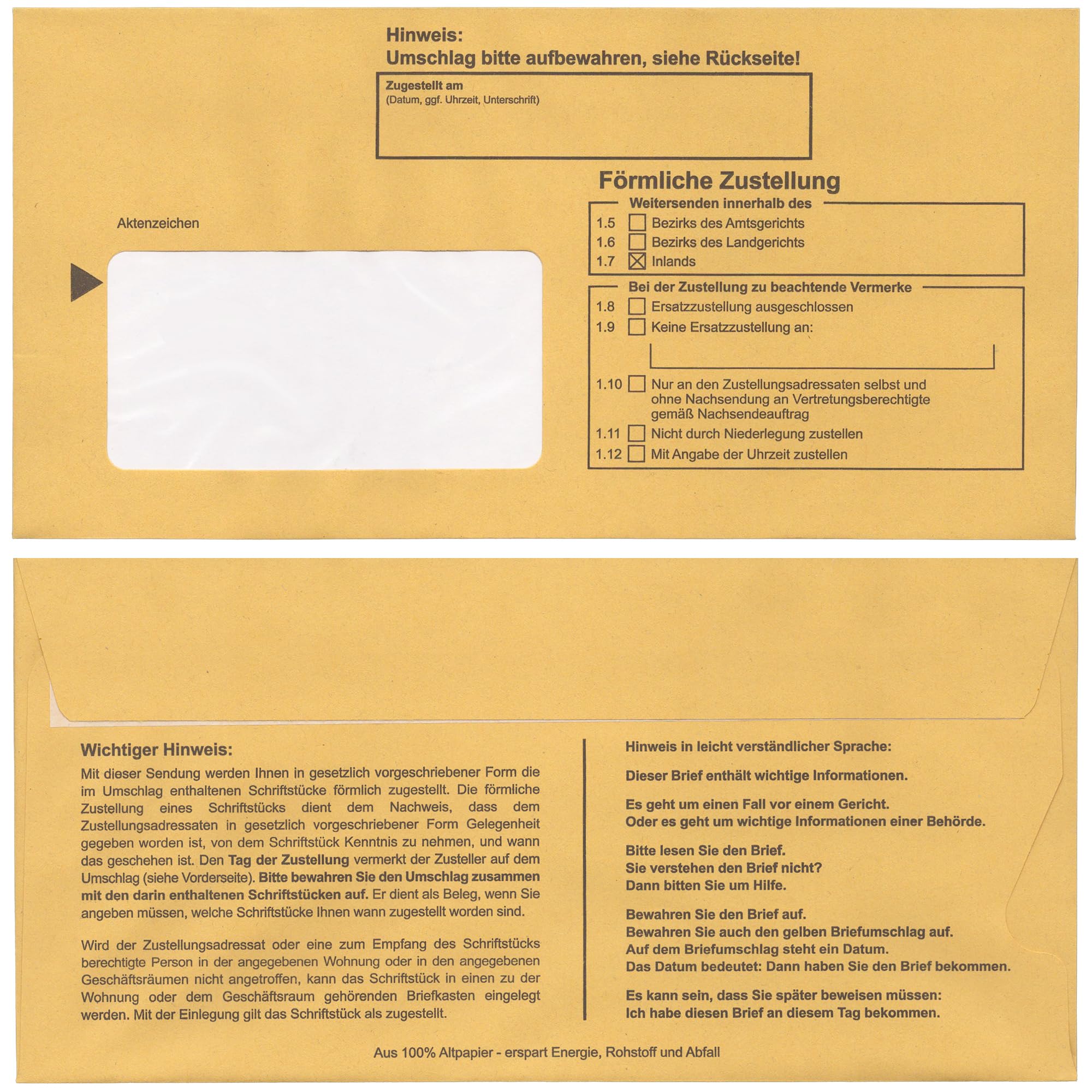 Postzustellungsumschläge DIN Lang „ Förmliche Zustellung “ - Zustellungshüllen mit Fenster (110 × 220 mm), Recycling-Gelb, haftklebend - ZPO-konform (DIN Lang, 100, Anzahl)