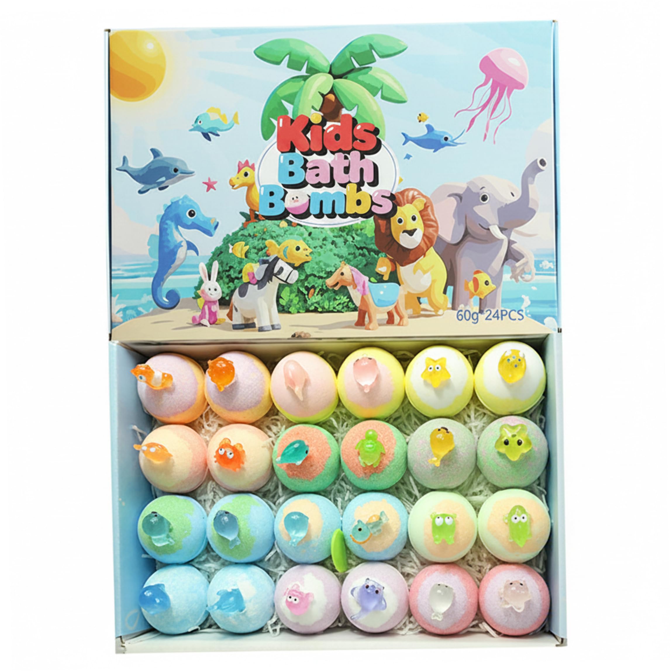 Bombe da bagno per bambini, confezione da 24 sorprese con animali che illuminano al buio, 60 g ciascuna