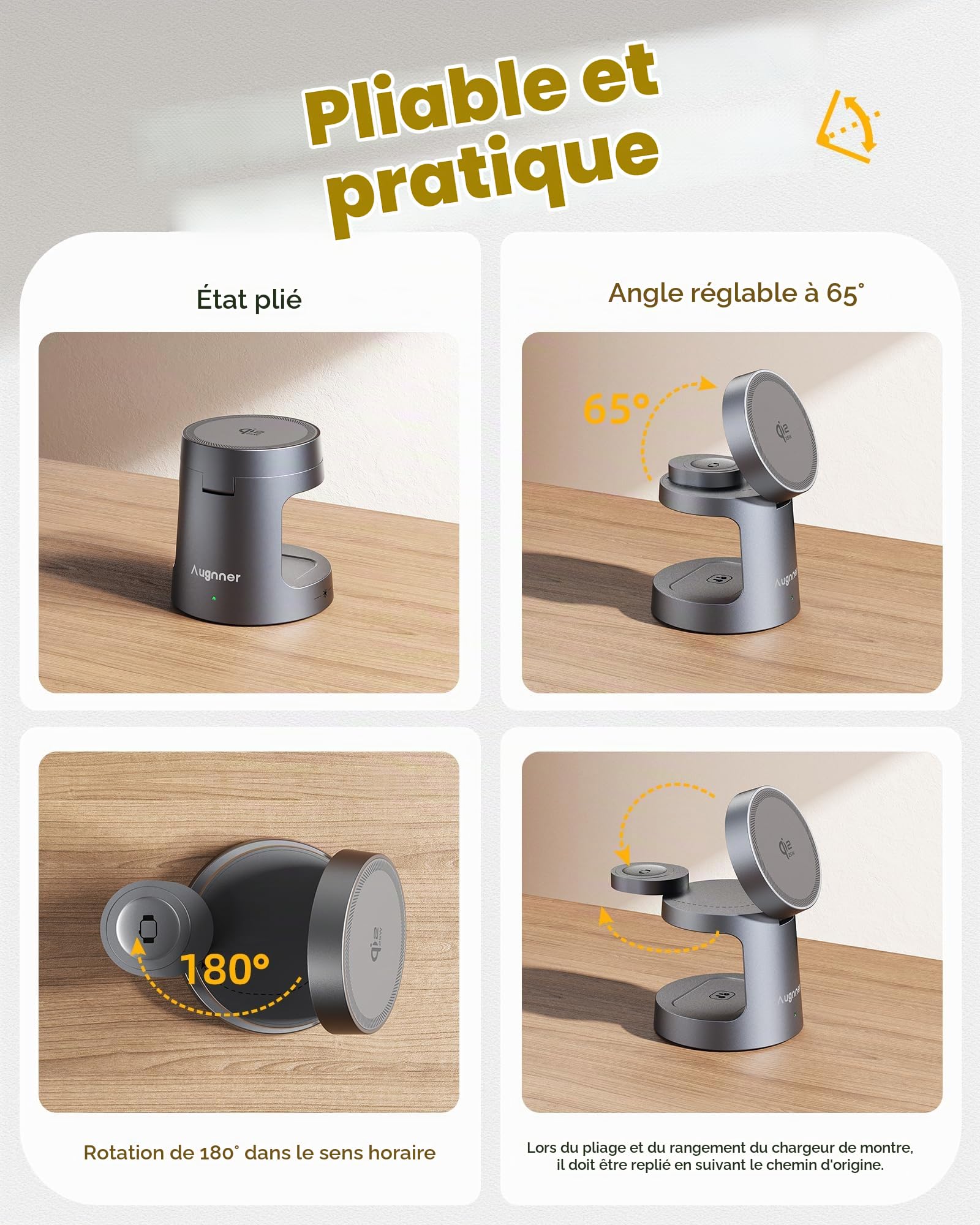 Station de Charge Magnétique Qi2.2 25W，Chargeur sans Fil 3 en 1 Pliable pour iP17/16/15/14/13/12,Support de Recharge Qi2 Compatible pour Apple Watch AirPods, Adaptateur 45W Inclus